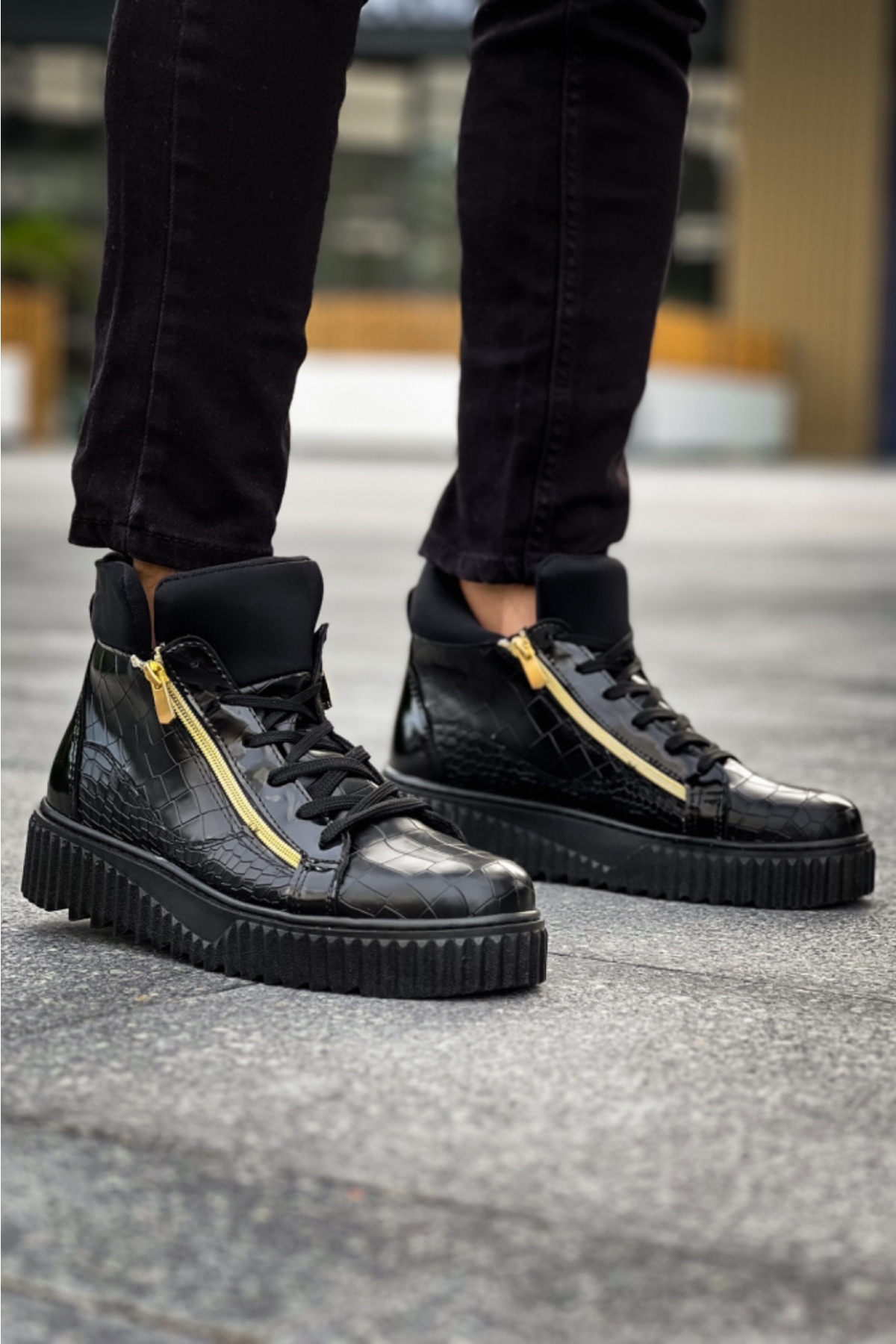 Bağcıklı Çift Fermuarlı Erkek Spor Bot SİYAH (SİYAH TABAN) - Görsel 7
