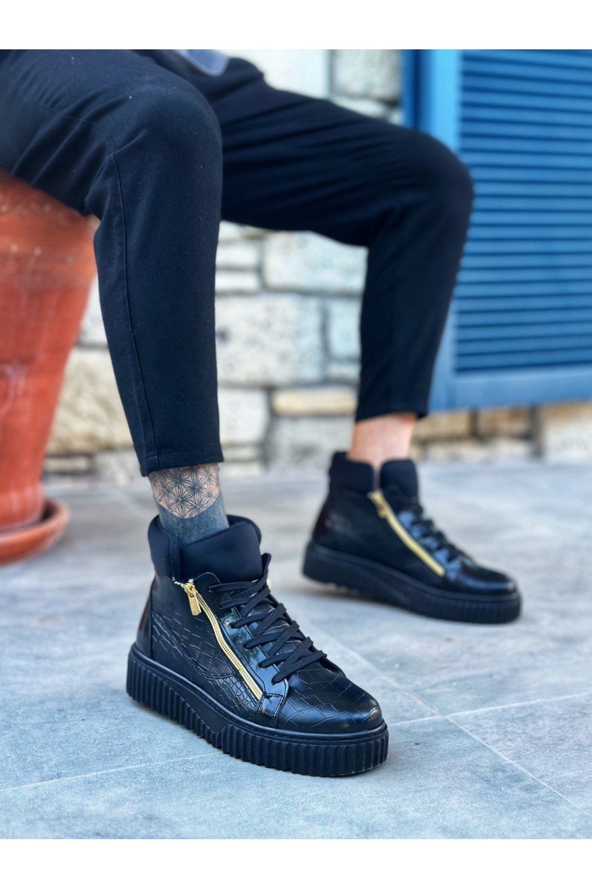 Bağcıklı Çift Fermuarlı Erkek Spor Bot SİYAH (SİYAH TABAN) - Görsel 8