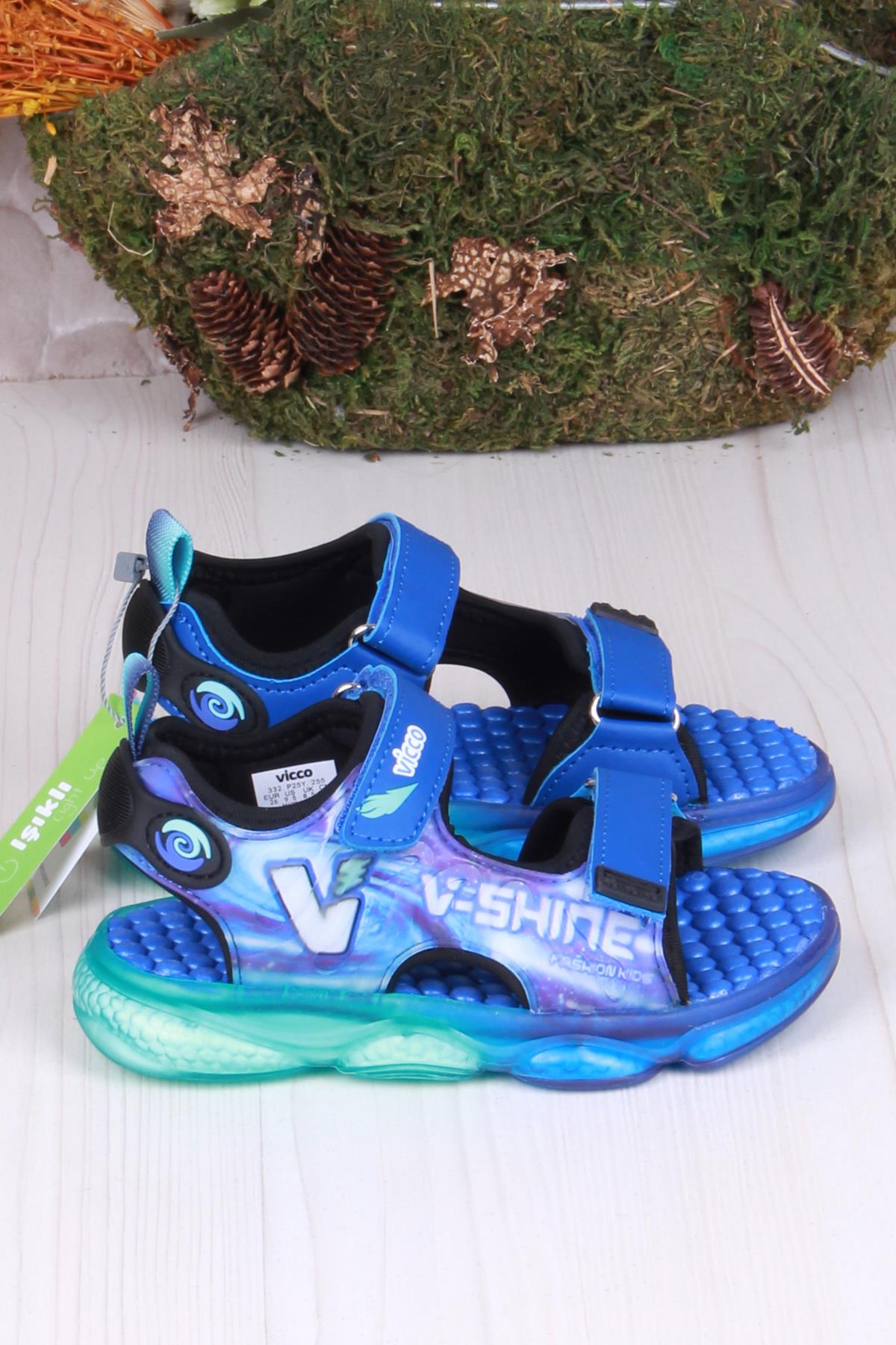 332.P25Y.255 Felipe Saks Mavi Rahat Esnek Işıklı Erkek Çocuk Sandalet - Görsel 2