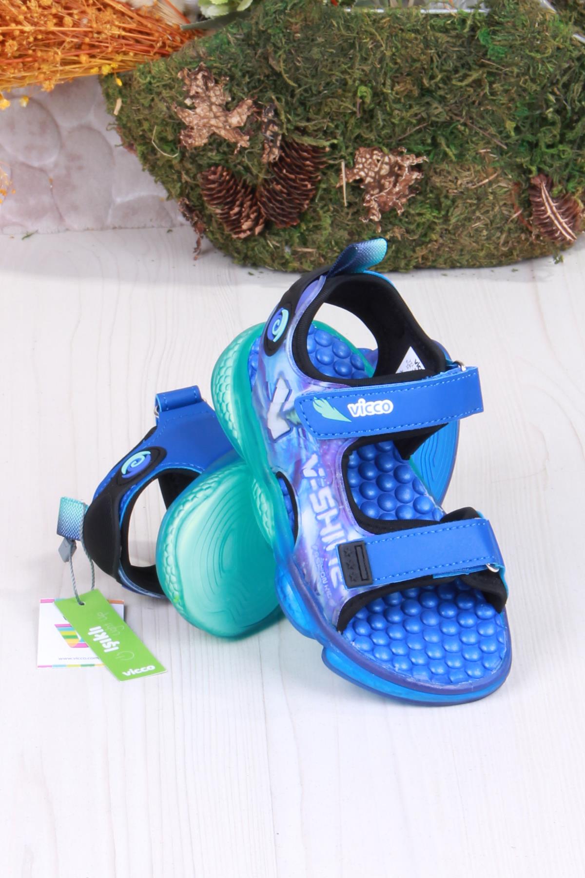 332.P25Y.255 Felipe Saks Mavi Rahat Esnek Işıklı Erkek Çocuk Sandalet - Görsel 3