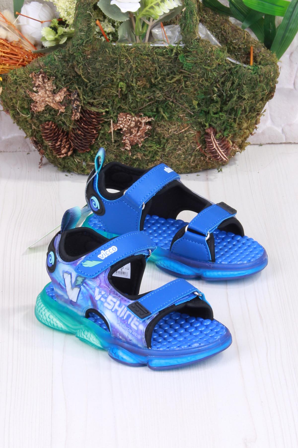 332.P25Y.255 Felipe Saks Mavi Rahat Esnek Işıklı Erkek Çocuk Sandalet - Görsel 4