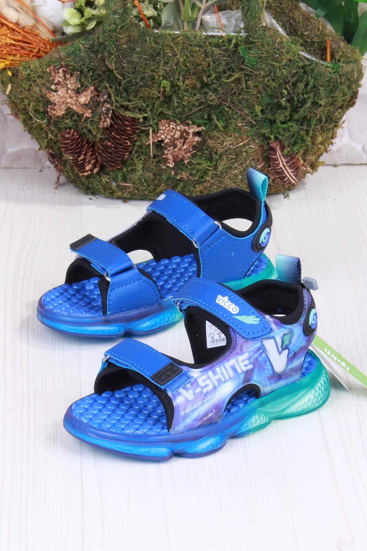 332.P25Y.255 Felipe Saks Mavi Rahat Esnek Işıklı Erkek Çocuk Sandalet - Görsel 5