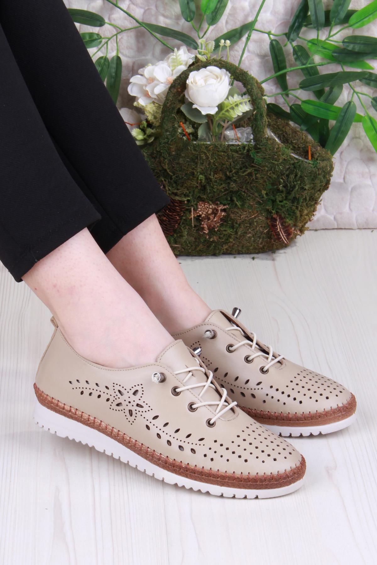 1005 Rahat Lastik Bağcıklı Delikli Hakiki Deri Kadın Ayakkabı - Görsel 2