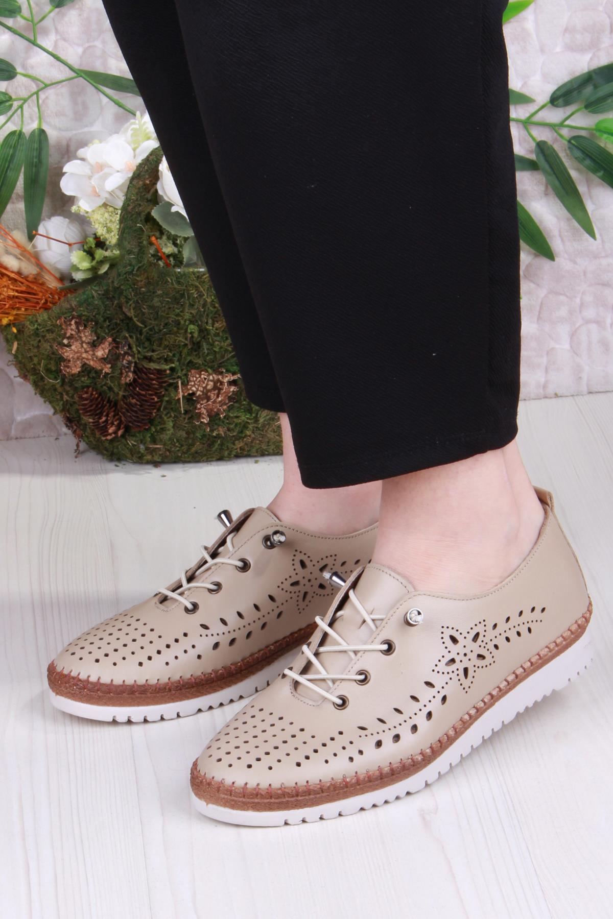 1005 Rahat Lastik Bağcıklı Delikli Hakiki Deri Kadın Ayakkabı - Görsel 3