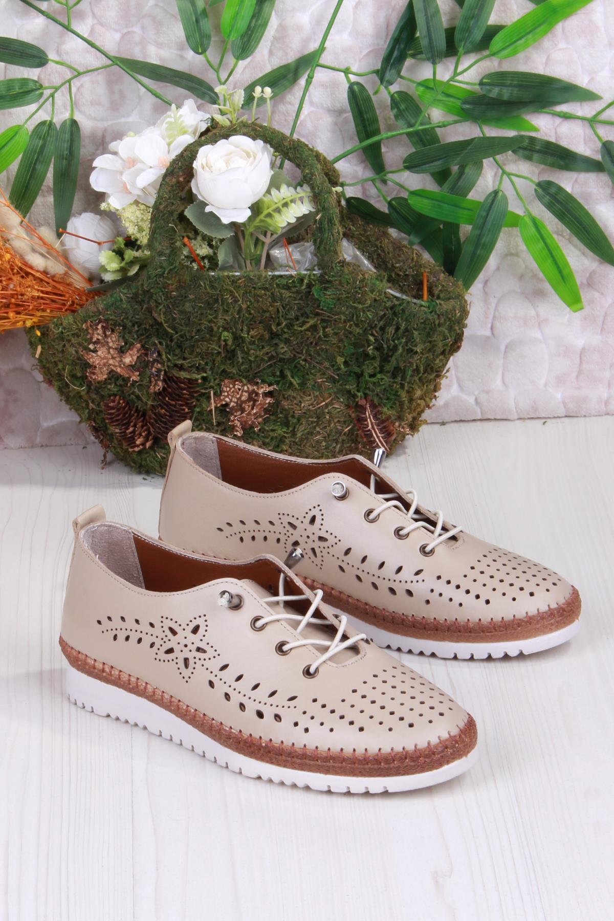 1005 Rahat Lastik Bağcıklı Delikli Hakiki Deri Kadın Ayakkabı - Görsel 4