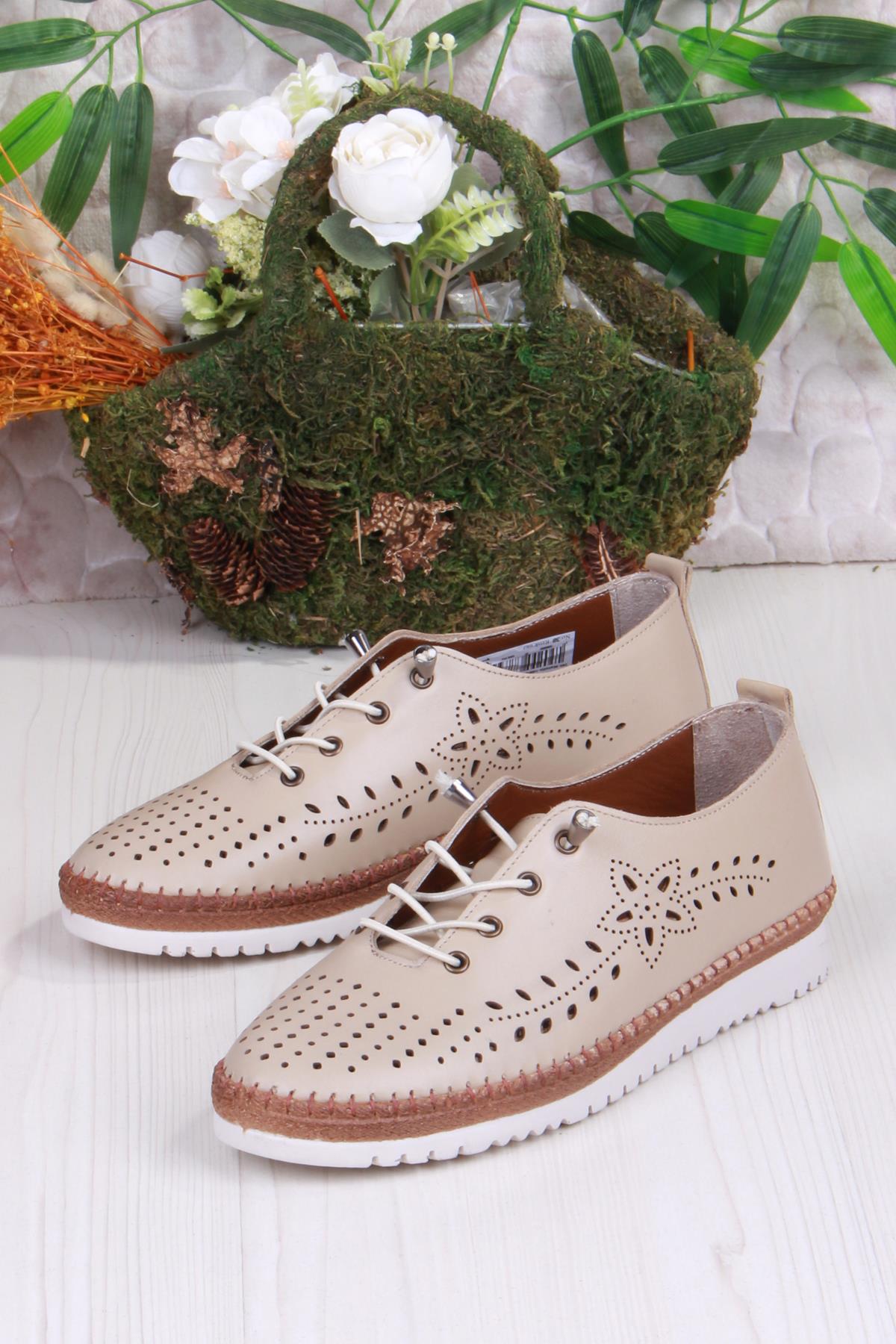 1005 Rahat Lastik Bağcıklı Delikli Hakiki Deri Kadın Ayakkabı - Görsel 5