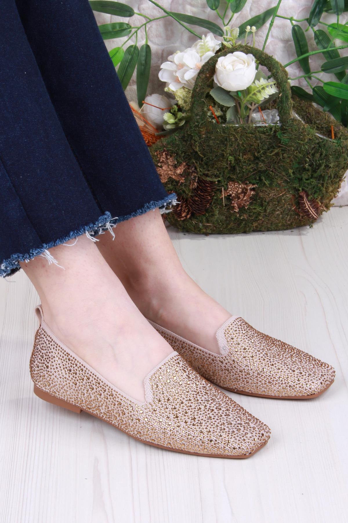 128-133 Fls Triko Taş Baskı Detaylı Kut Burun Kadın Babet - Görsel 2