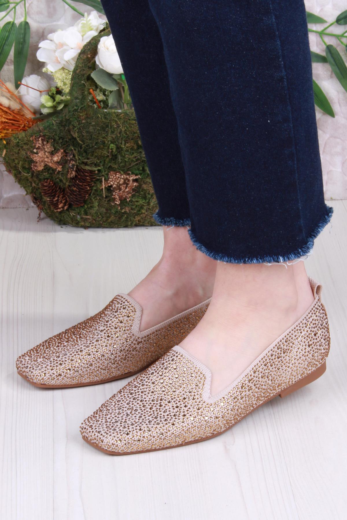 128-133 Fls Triko Taş Baskı Detaylı Kut Burun Kadın Babet - Görsel 3