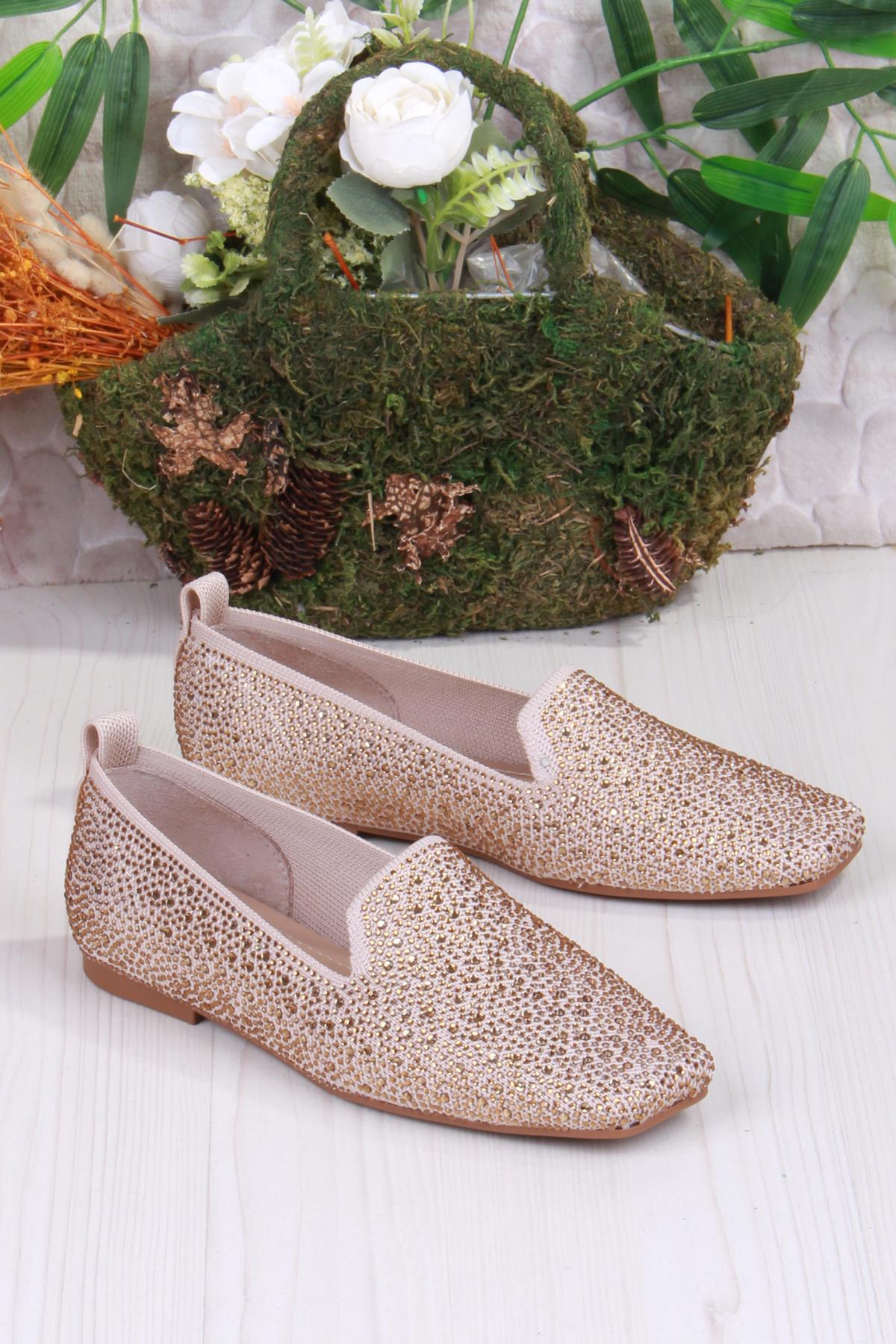 128-133 Fls Triko Taş Baskı Detaylı Kut Burun Kadın Babet - Görsel 4