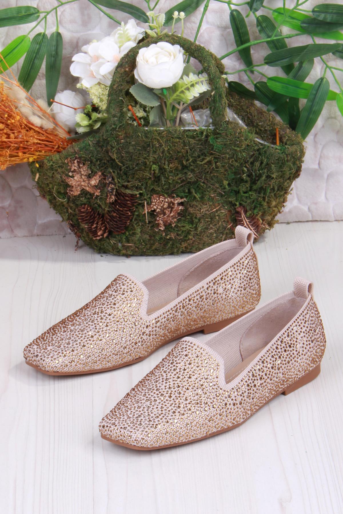 128-133 Fls Triko Taş Baskı Detaylı Kut Burun Kadın Babet - Görsel 5