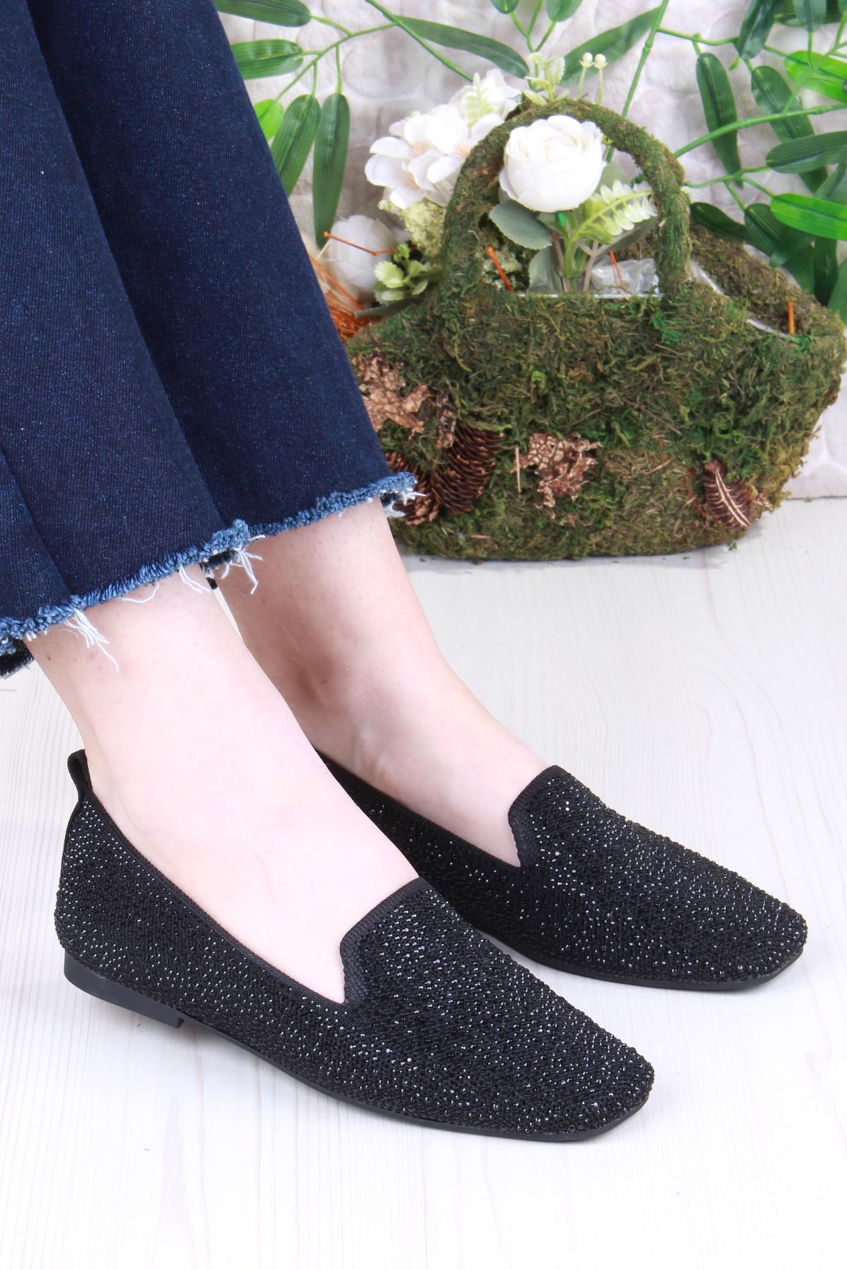 128-133 Fls Triko Taş Baskı Detaylı Kut Burun Kadın Babet - Görsel 2