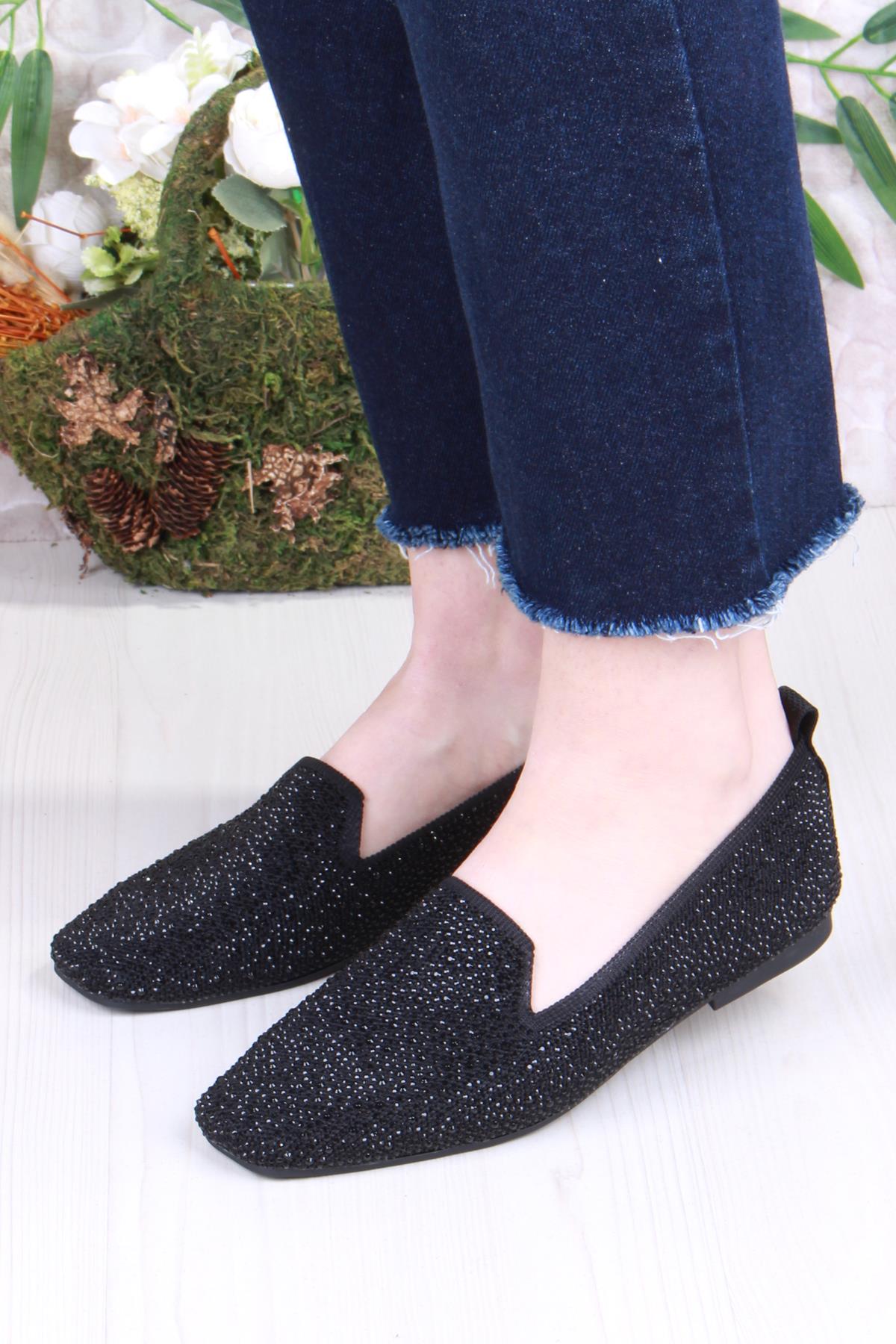 128-133 Fls Triko Taş Baskı Detaylı Kut Burun Kadın Babet - Görsel 3