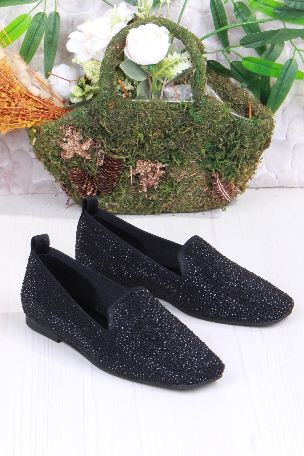 128-133 Fls Triko Taş Baskı Detaylı Kut Burun Kadın Babet - Görsel 4