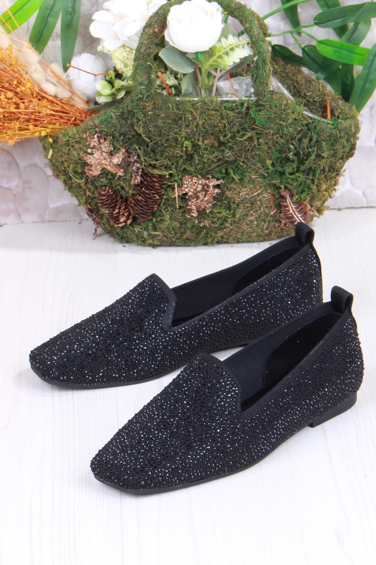 128-133 Fls Triko Taş Baskı Detaylı Kut Burun Kadın Babet - Görsel 5