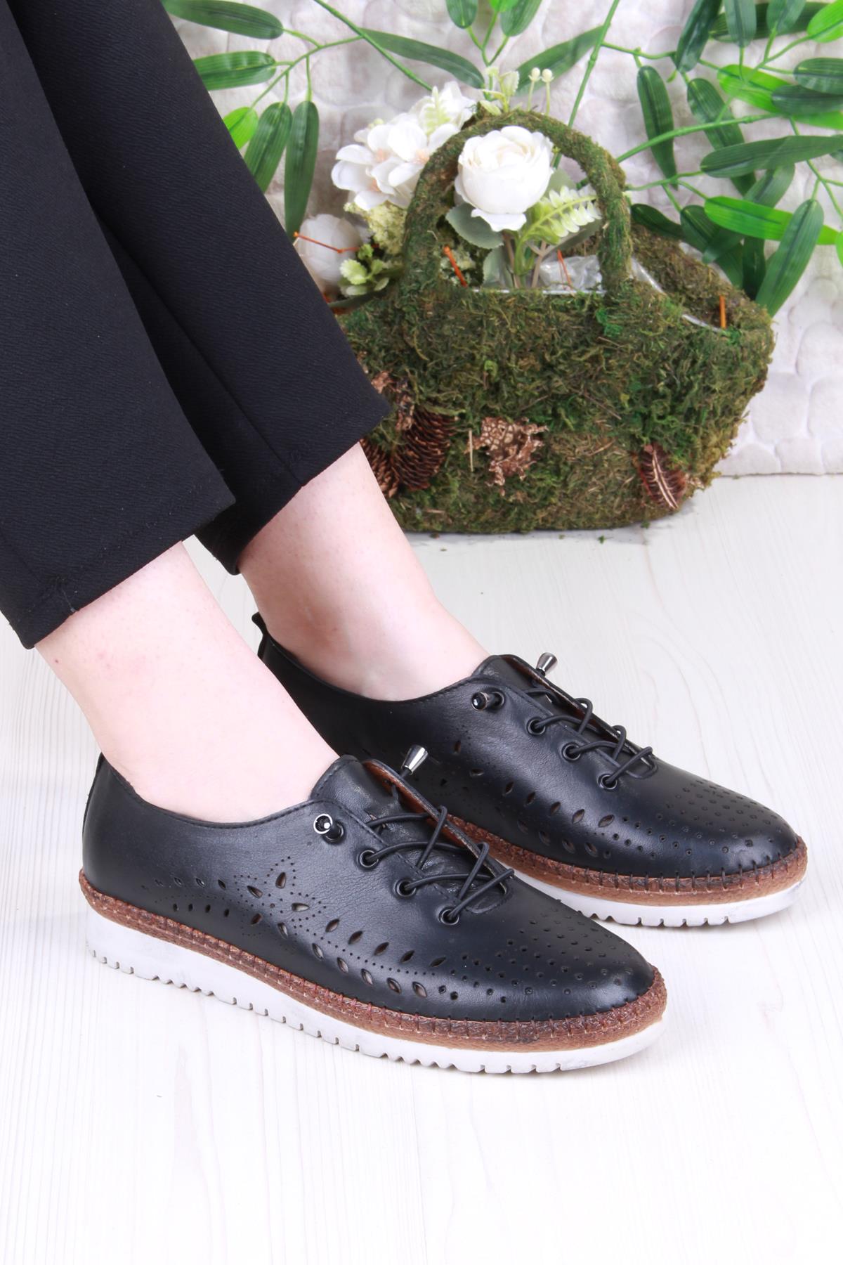 1005 Rahat Lastik Bağcıklı Delikli Hakiki Deri Kadın Ayakkabı - Görsel 2