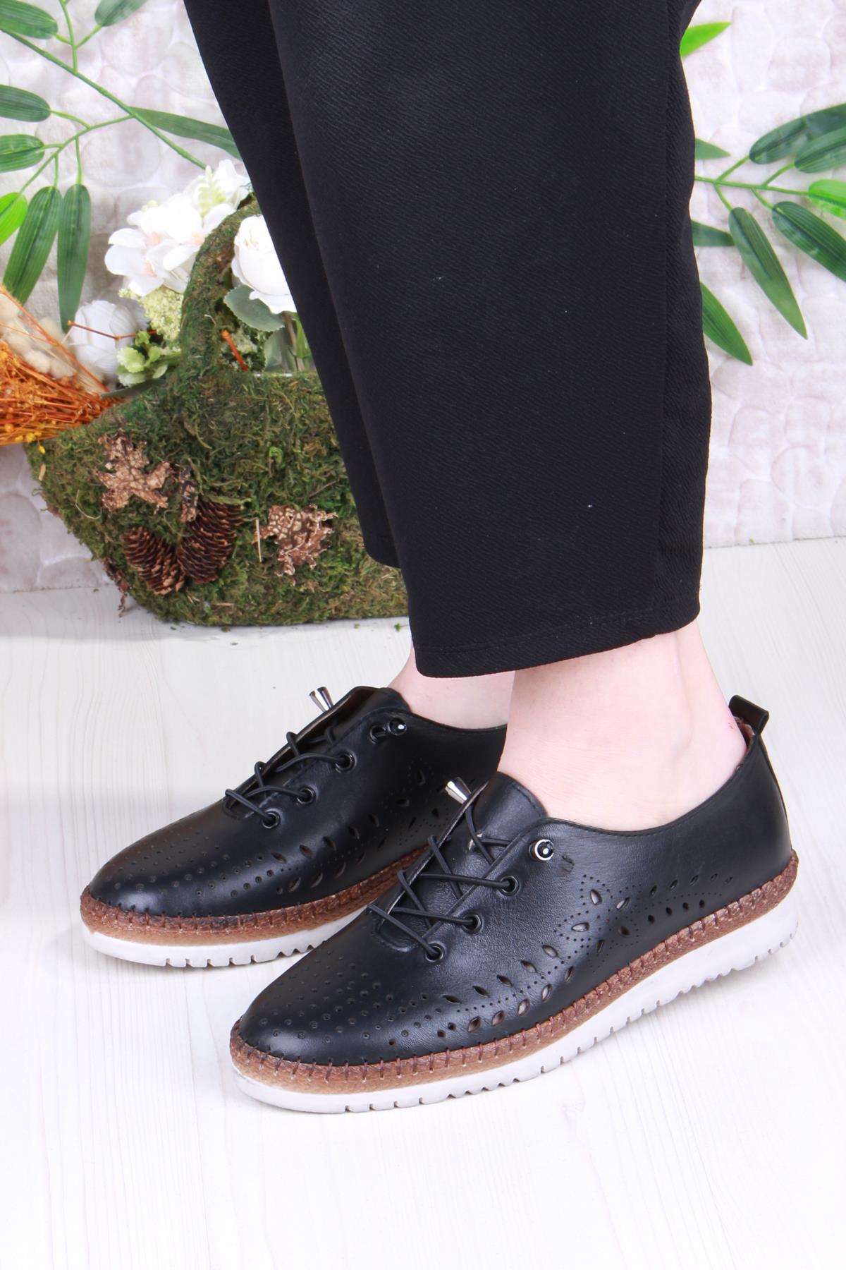 1005 Rahat Lastik Bağcıklı Delikli Hakiki Deri Kadın Ayakkabı - Görsel 3