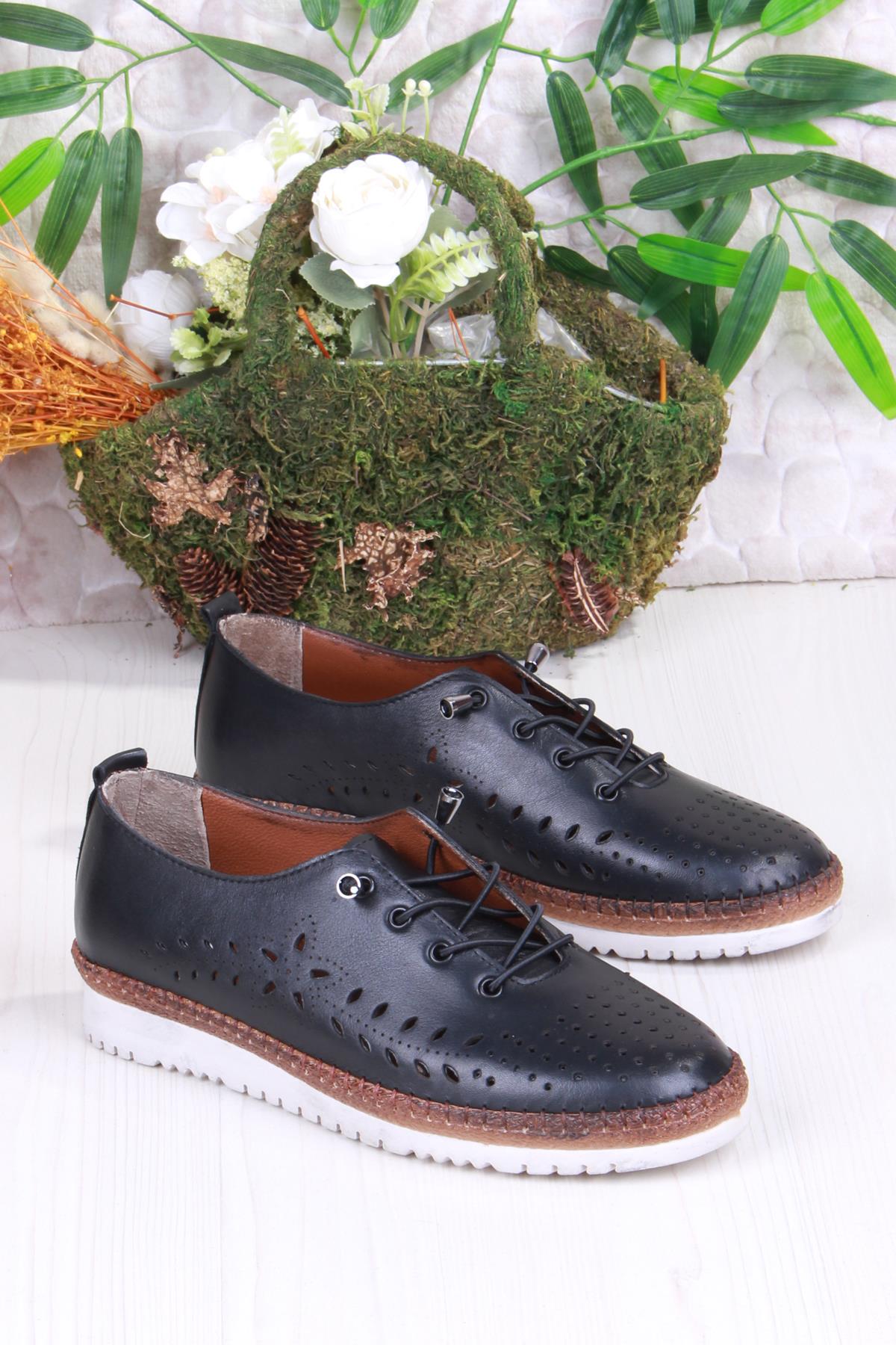 1005 Rahat Lastik Bağcıklı Delikli Hakiki Deri Kadın Ayakkabı - Görsel 4