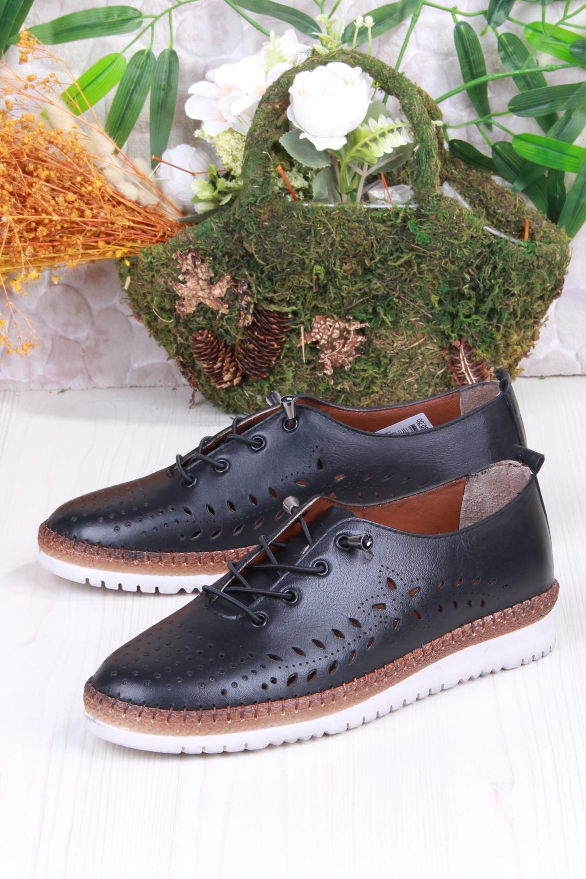 1005 Rahat Lastik Bağcıklı Delikli Hakiki Deri Kadın Ayakkabı - Görsel 5