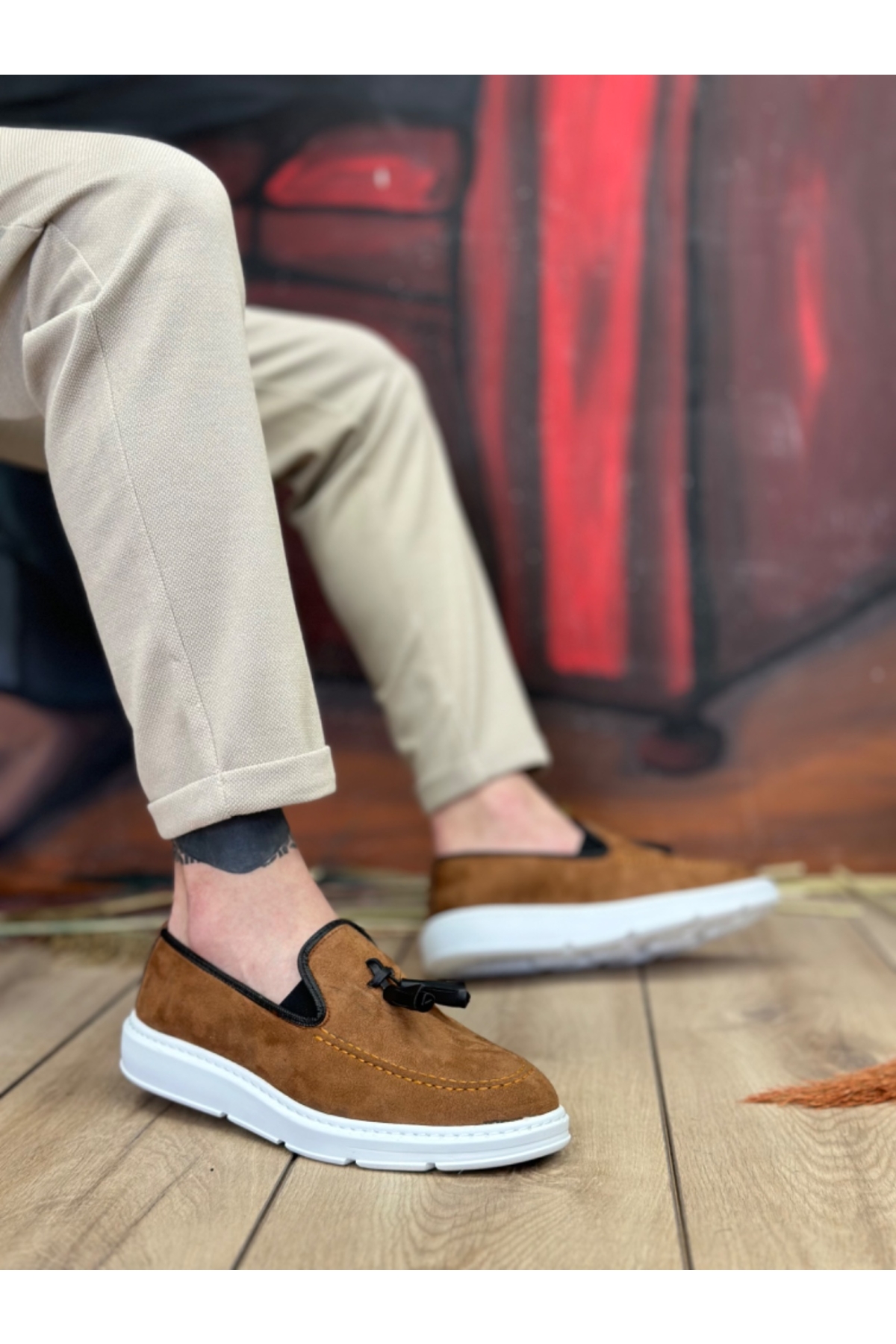 Bağcıksız Püsküllü Erkek Ayakkabı TABA SÜET (BEYAZ TABAN) - Görsel 2