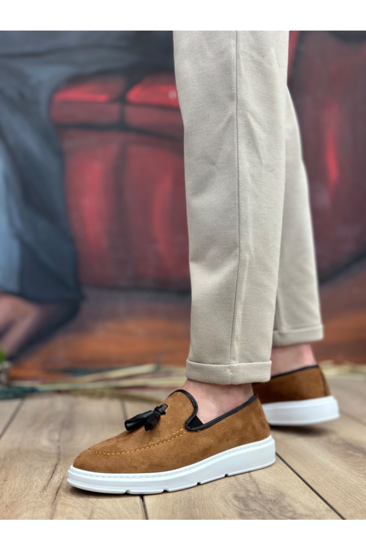 Bağcıksız Püsküllü Erkek Ayakkabı TABA SÜET (BEYAZ TABAN) - Görsel 4