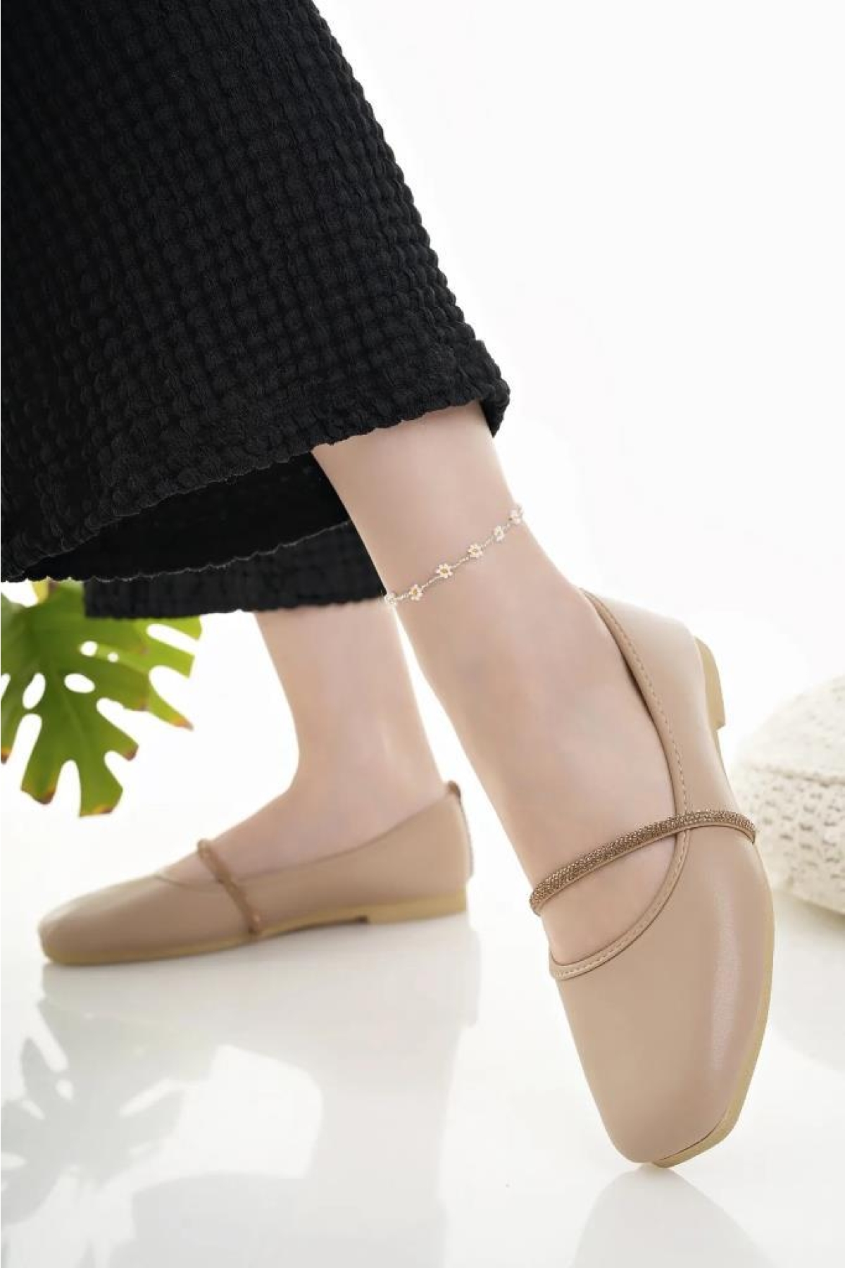 Kadın Babet Bej Taşlı Şık Ev İş Ofis Günlük Ayakkabı - Görsel 2