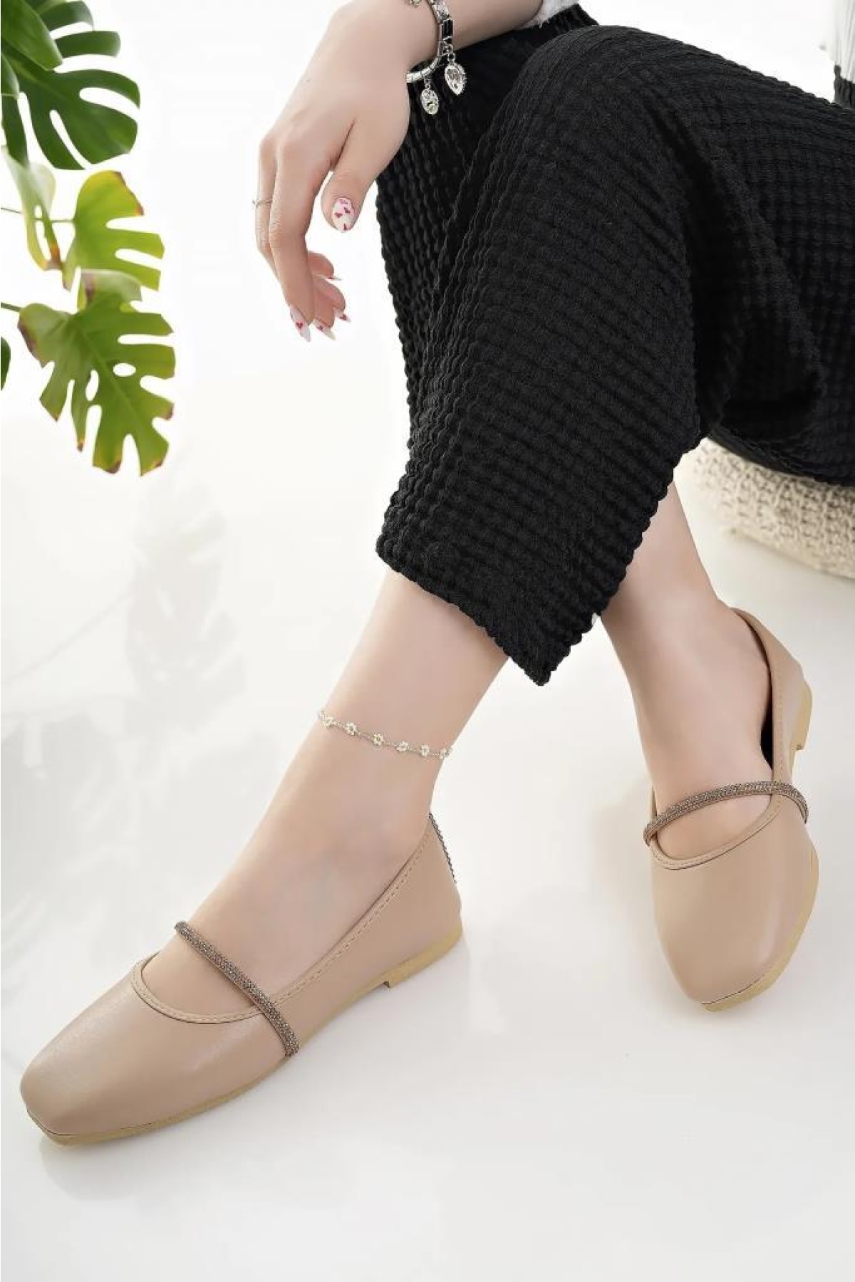 Kadın Babet Bej Taşlı Şık Ev İş Ofis Günlük Ayakkabı - Görsel 3