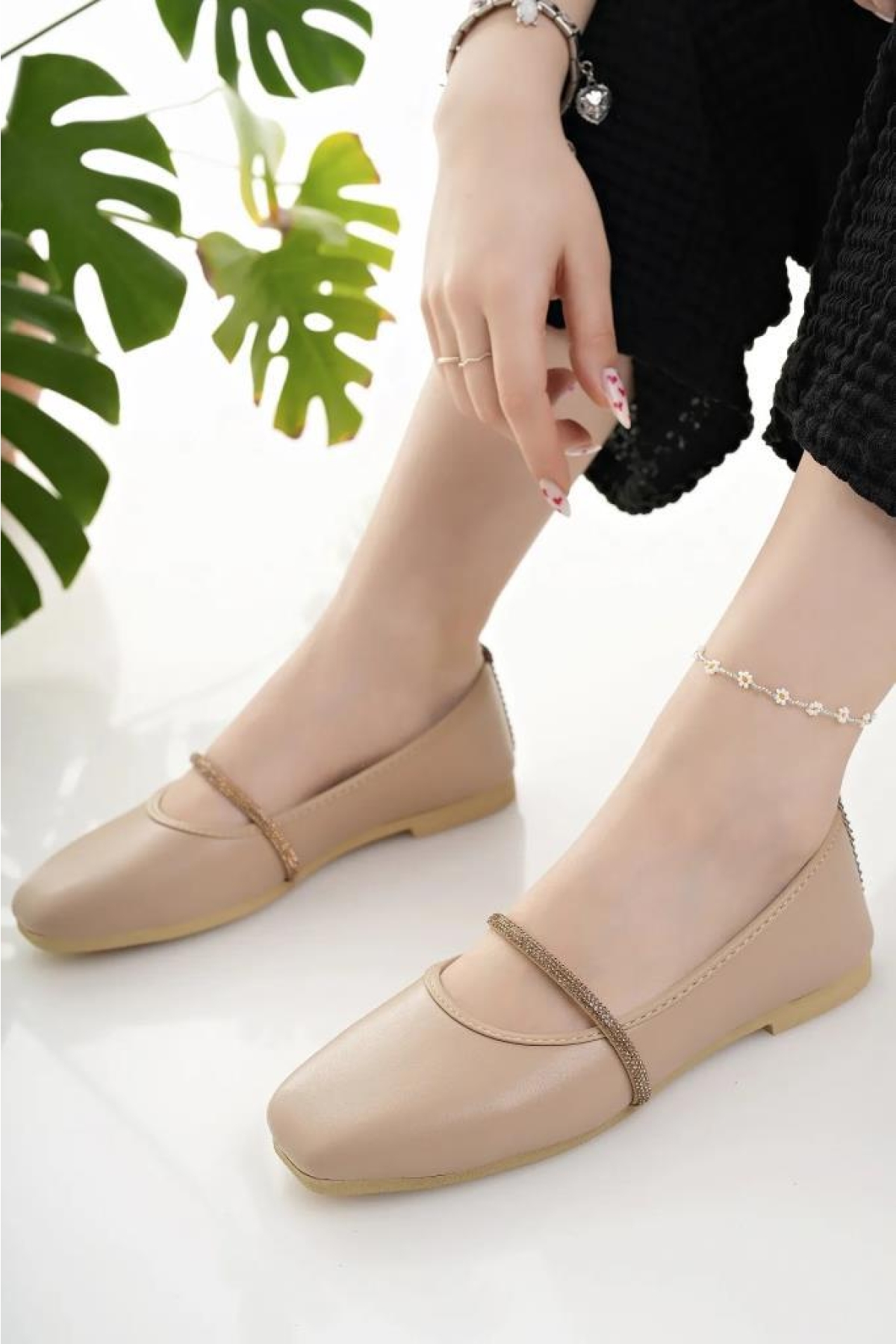 Kadın Babet Bej Taşlı Şık Ev İş Ofis Günlük Ayakkabı - Görsel 4