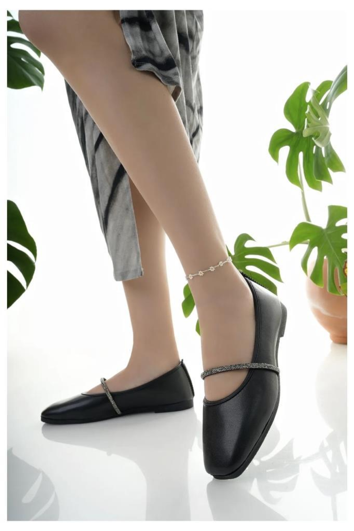 Kadın Babet Bej Taşlı Şık Ev İş Ofis Günlük Ayakkabı - Görsel 2