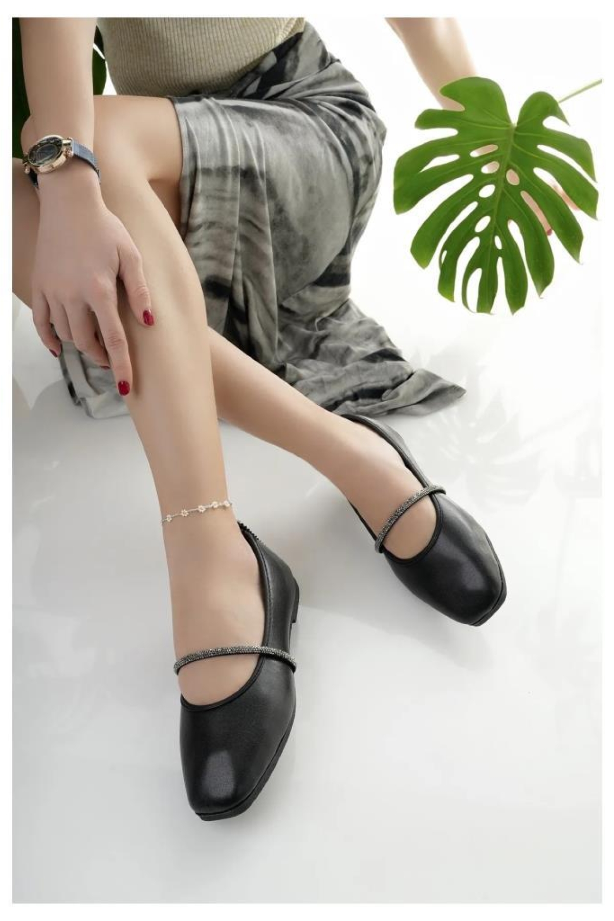 Kadın Babet Bej Taşlı Şık Ev İş Ofis Günlük Ayakkabı - Görsel 5