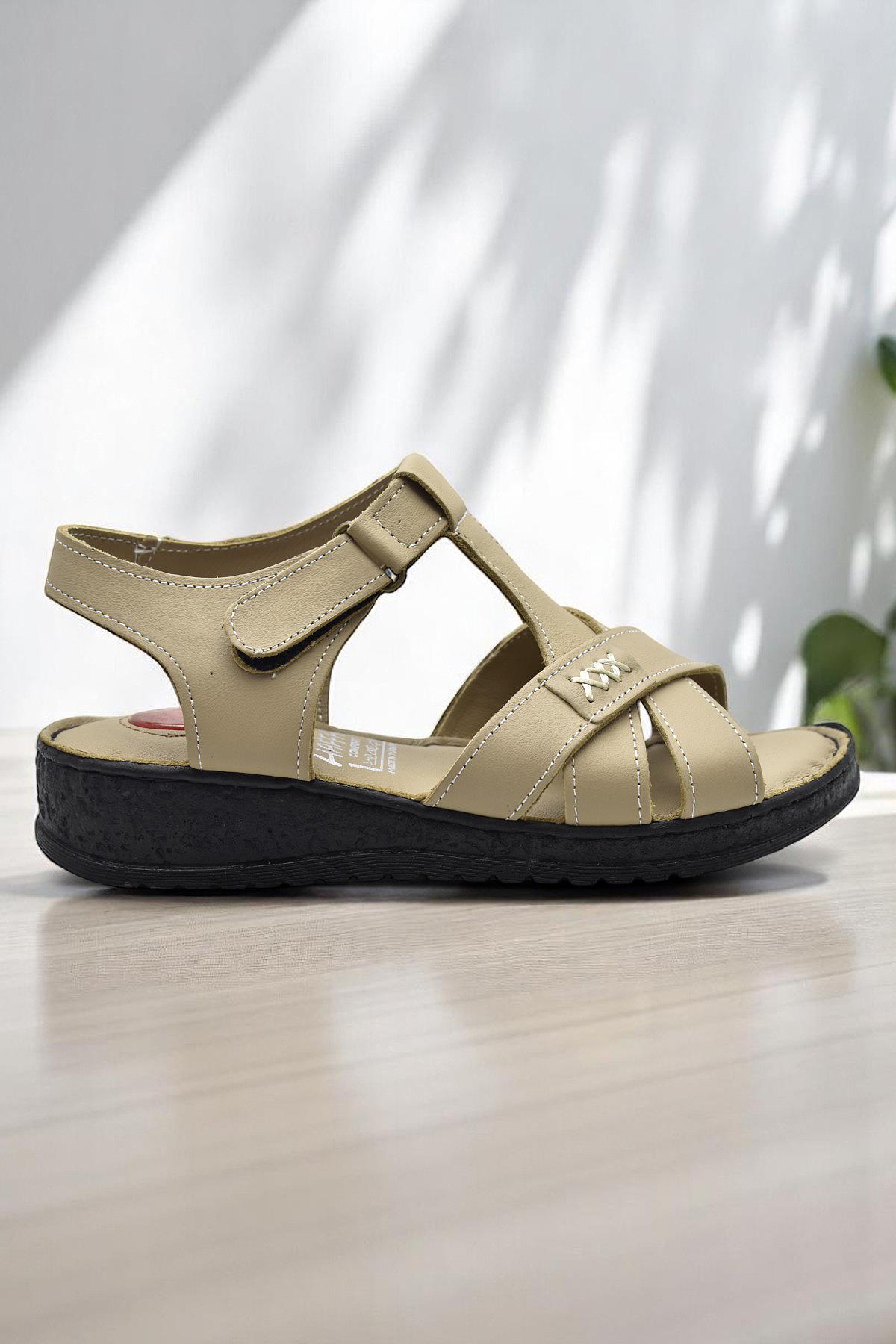 203 TAM ORTOPEDİK Hakiki Deri Kadın Sandalet Topuk Jel Taban Kadın Deri Sandalet - Görsel 2