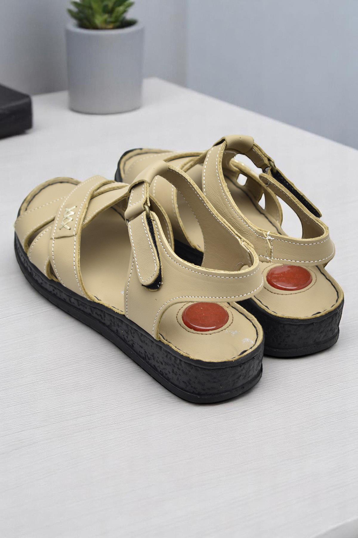 203 TAM ORTOPEDİK Hakiki Deri Kadın Sandalet Topuk Jel Taban Kadın Deri Sandalet - Görsel 5