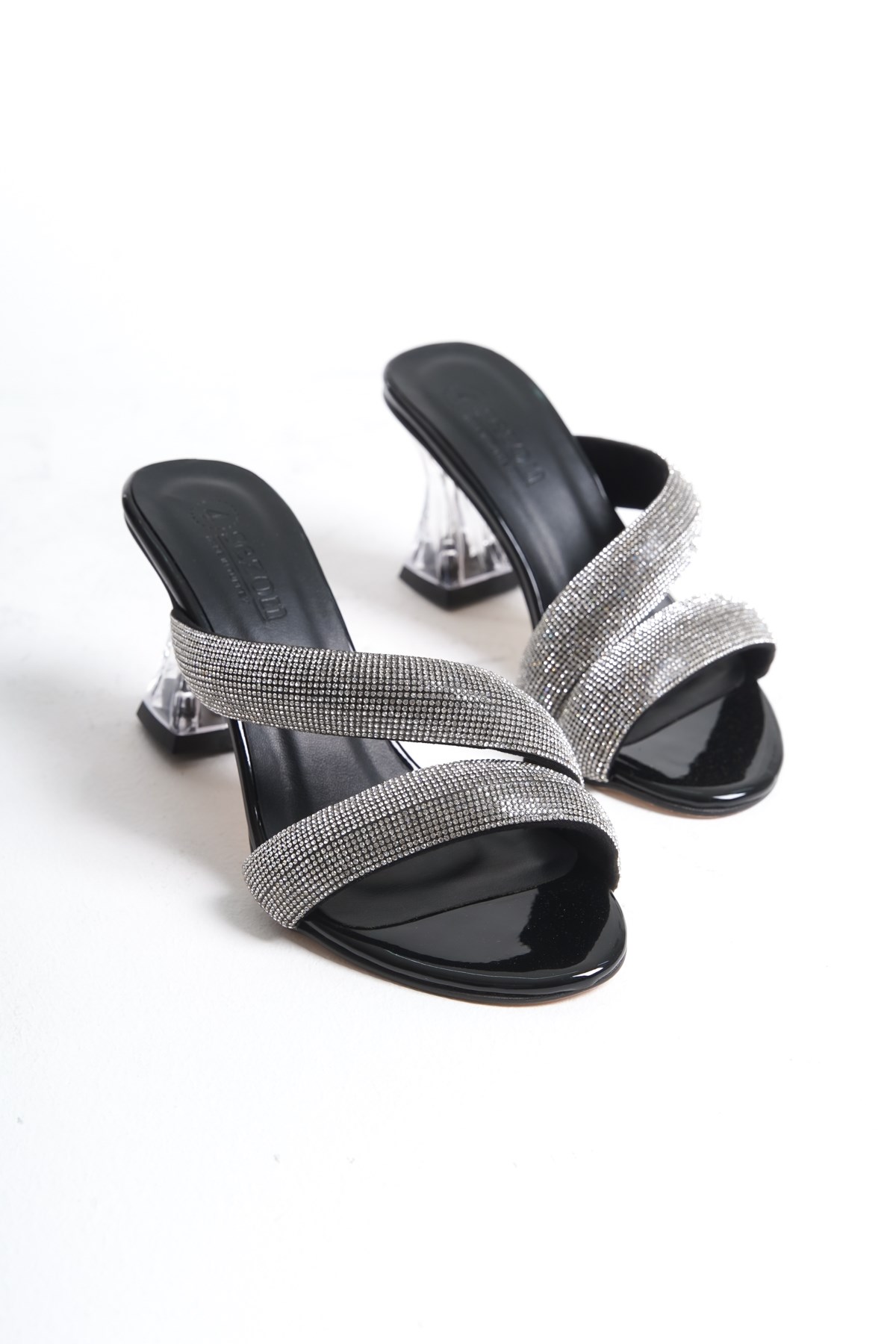 Miranda Kadın Siyah Çift Bant Taşlı Şeffaf Topuklu Şık Rahat Abiye Sandalet MIRANDA-1983 - Görsel 5