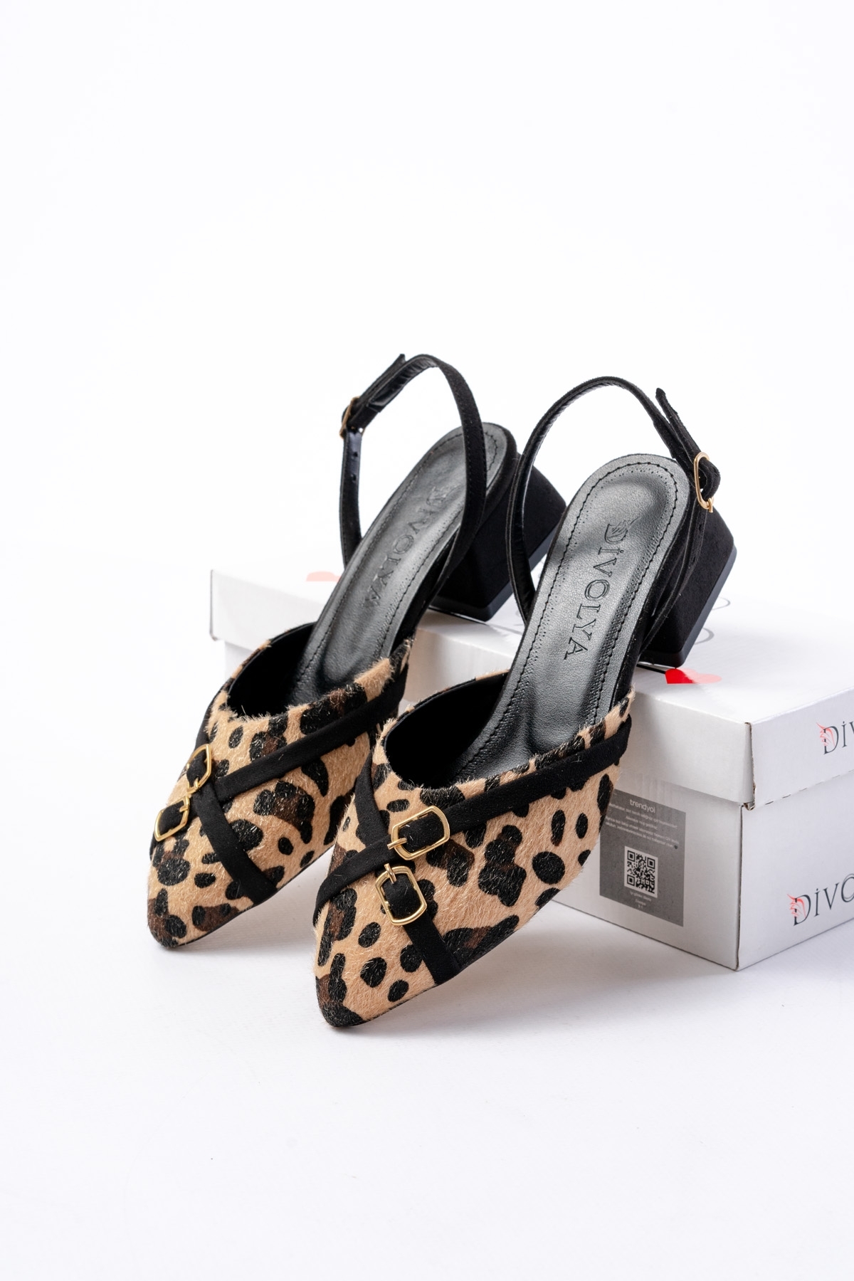 Gabriel Leopar Siyah Çapraz Tokalı (4 cm Topuklu) Sivri Burun Babet Ayakkabı - Görsel 3
