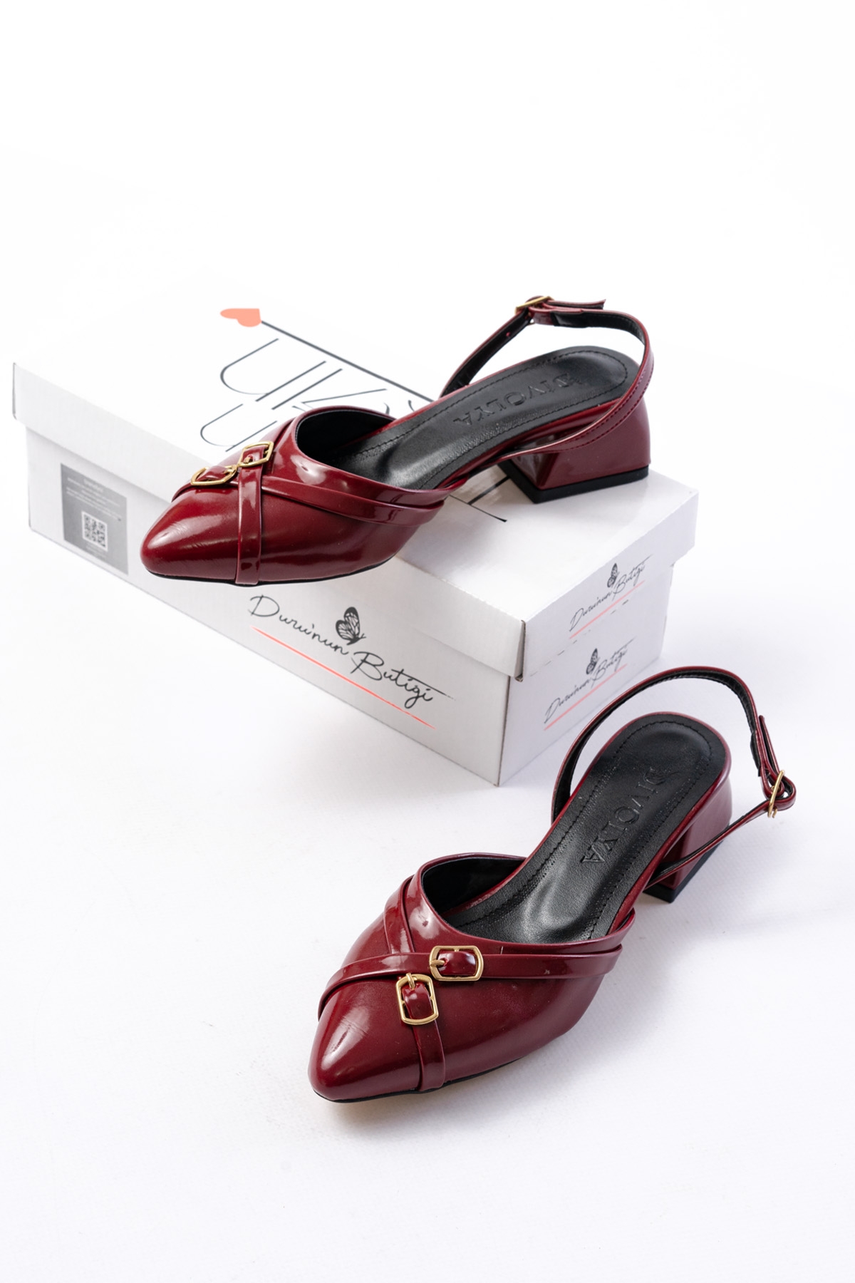 Gabriel Bordo Rugan Çapraz Tokalı (4 cm Topuklu) Sivri Burun Babet Ayakkabı - Görsel 4