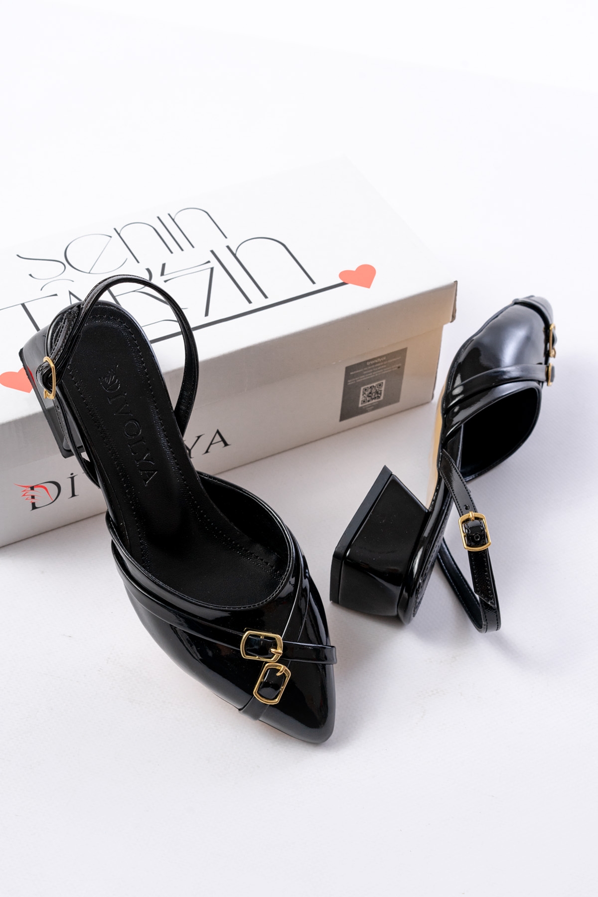 Gabriel Siyah Rugan Çapraz Tokalı (4 cm Topuklu) Sivri Burun Babet Ayakkabı - Görsel 3