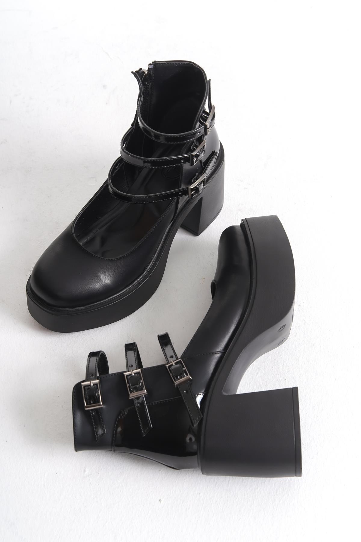 Modabuymuş Bia Siyah Üç Bantlı Yüksek Kalın Platform Topuklu Hafif Günlük Ayakkabı - Görsel 3