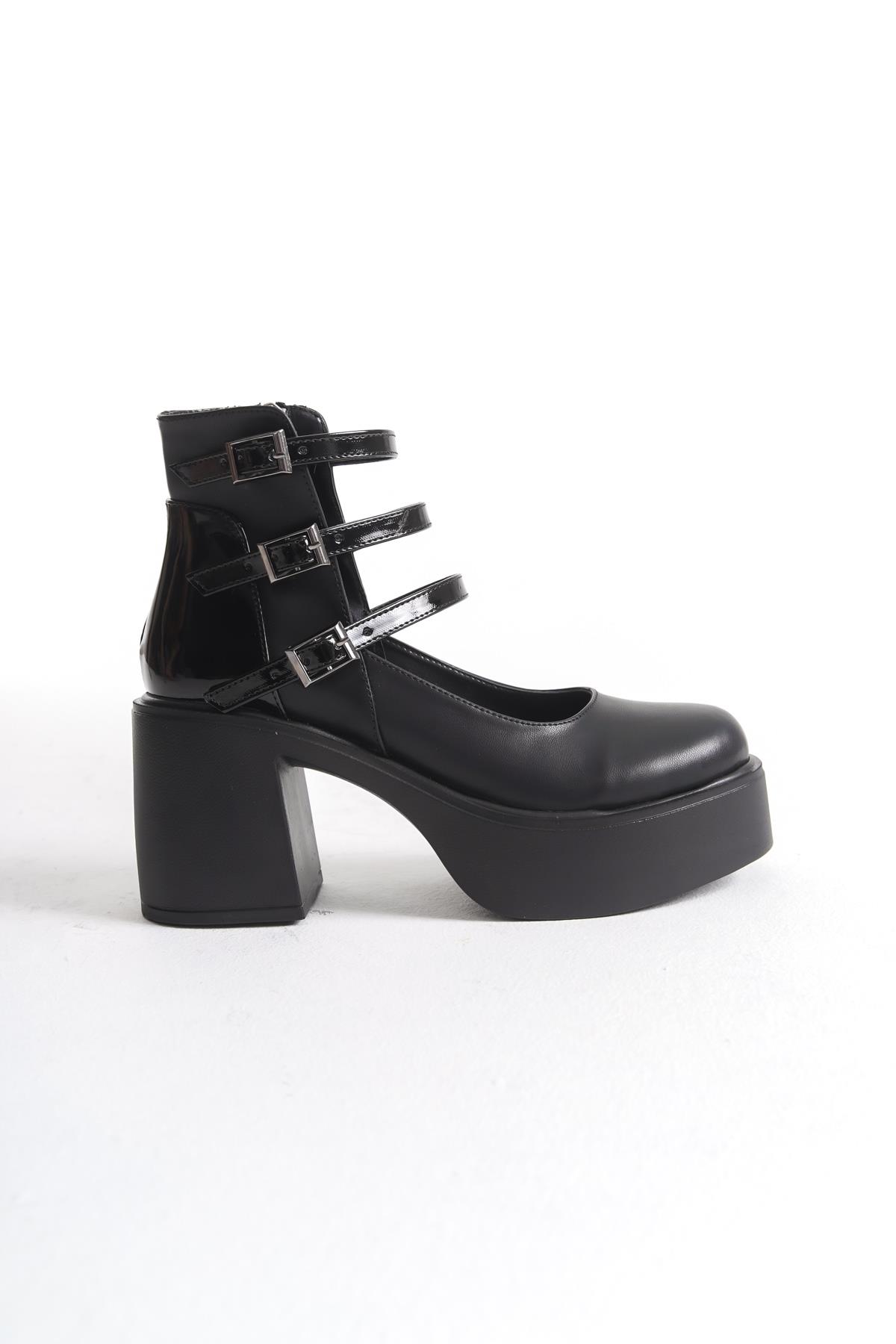 Modabuymuş Bia Siyah Üç Bantlı Yüksek Kalın Platform Topuklu Hafif Günlük Ayakkabı - Görsel 5