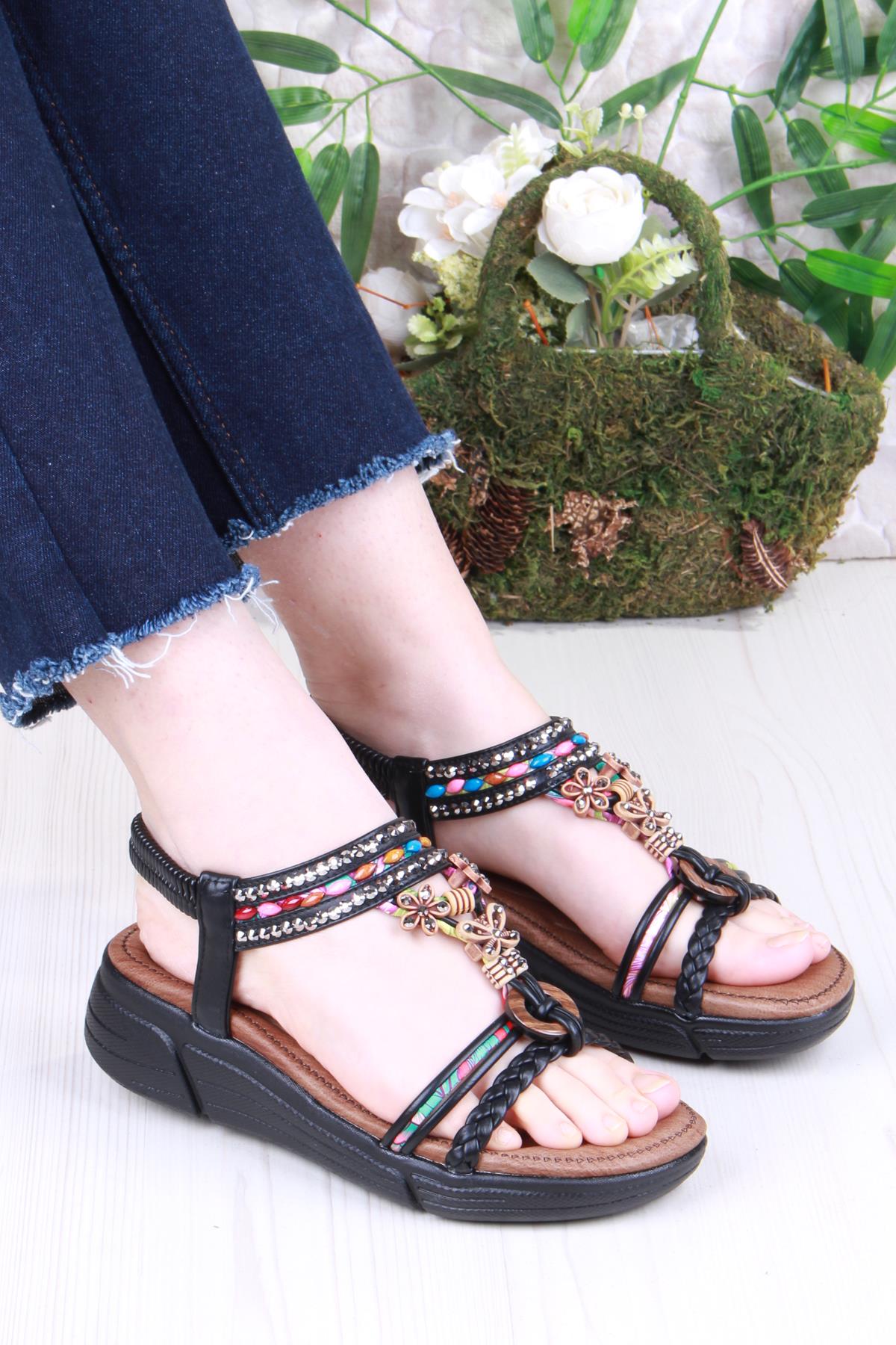 Rüya Anatomik Rahat Taban Taşlı Boncuklu Lastikli Kadın Sandalet - Görsel 2