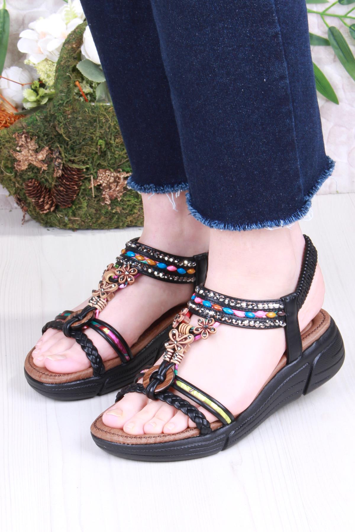 Rüya Anatomik Rahat Taban Taşlı Boncuklu Lastikli Kadın Sandalet - Görsel 3