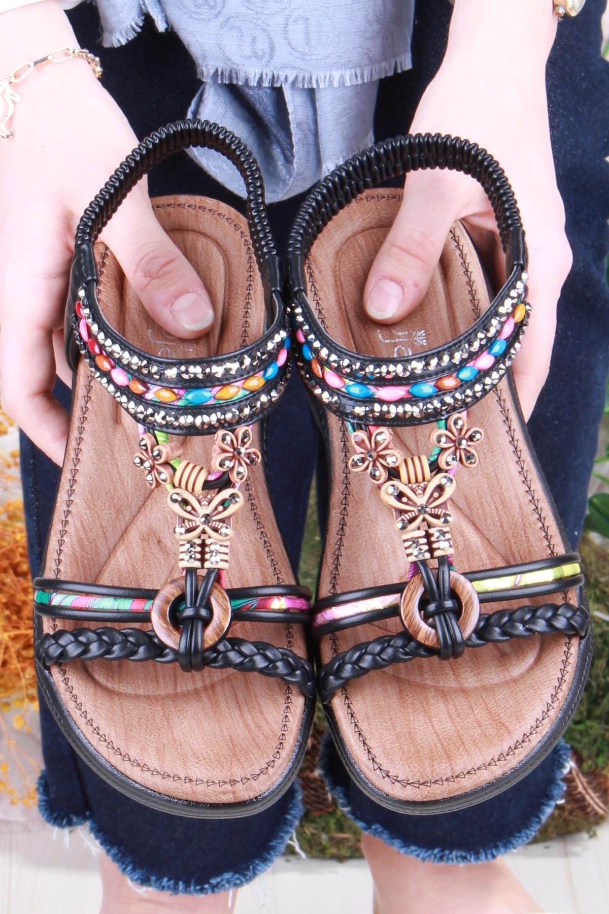 Rüya Anatomik Rahat Taban Taşlı Boncuklu Lastikli Kadın Sandalet - Görsel 5