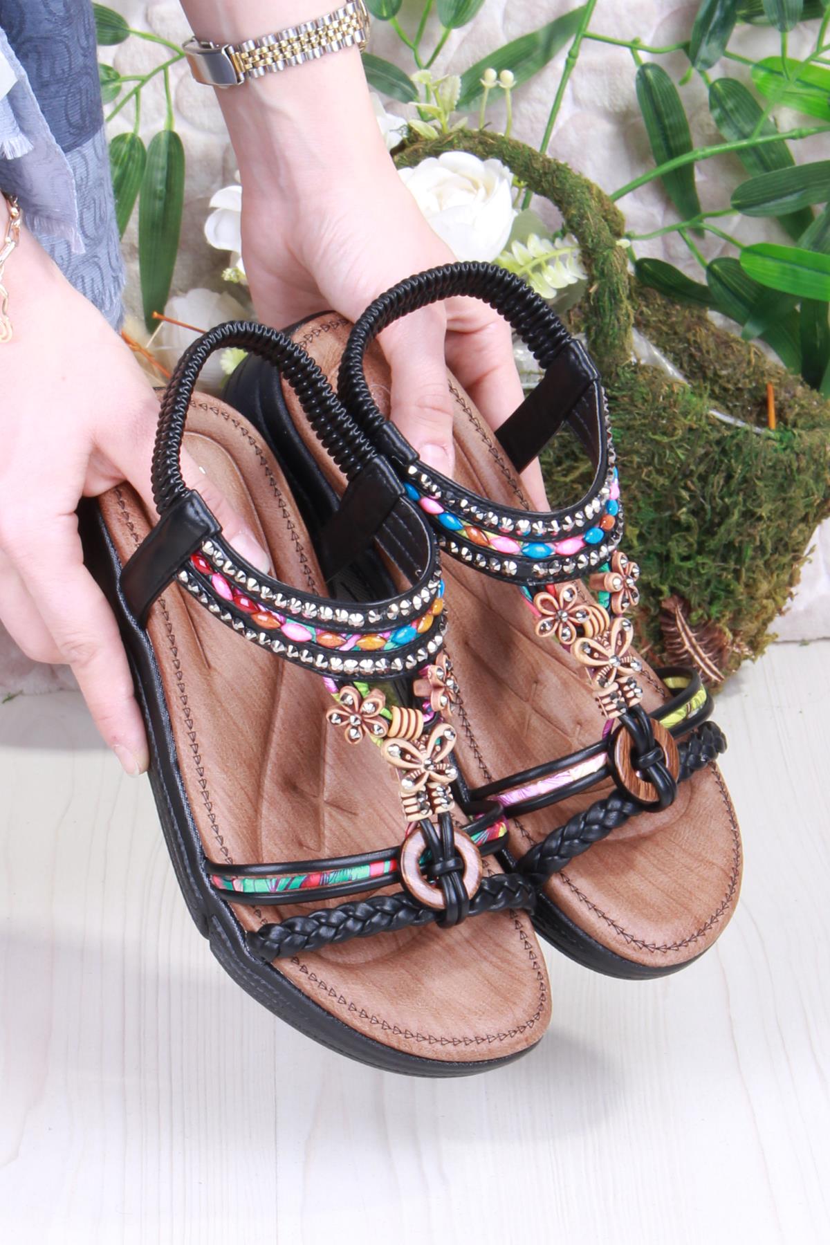 Rüya Anatomik Rahat Taban Taşlı Boncuklu Lastikli Kadın Sandalet - Görsel 6