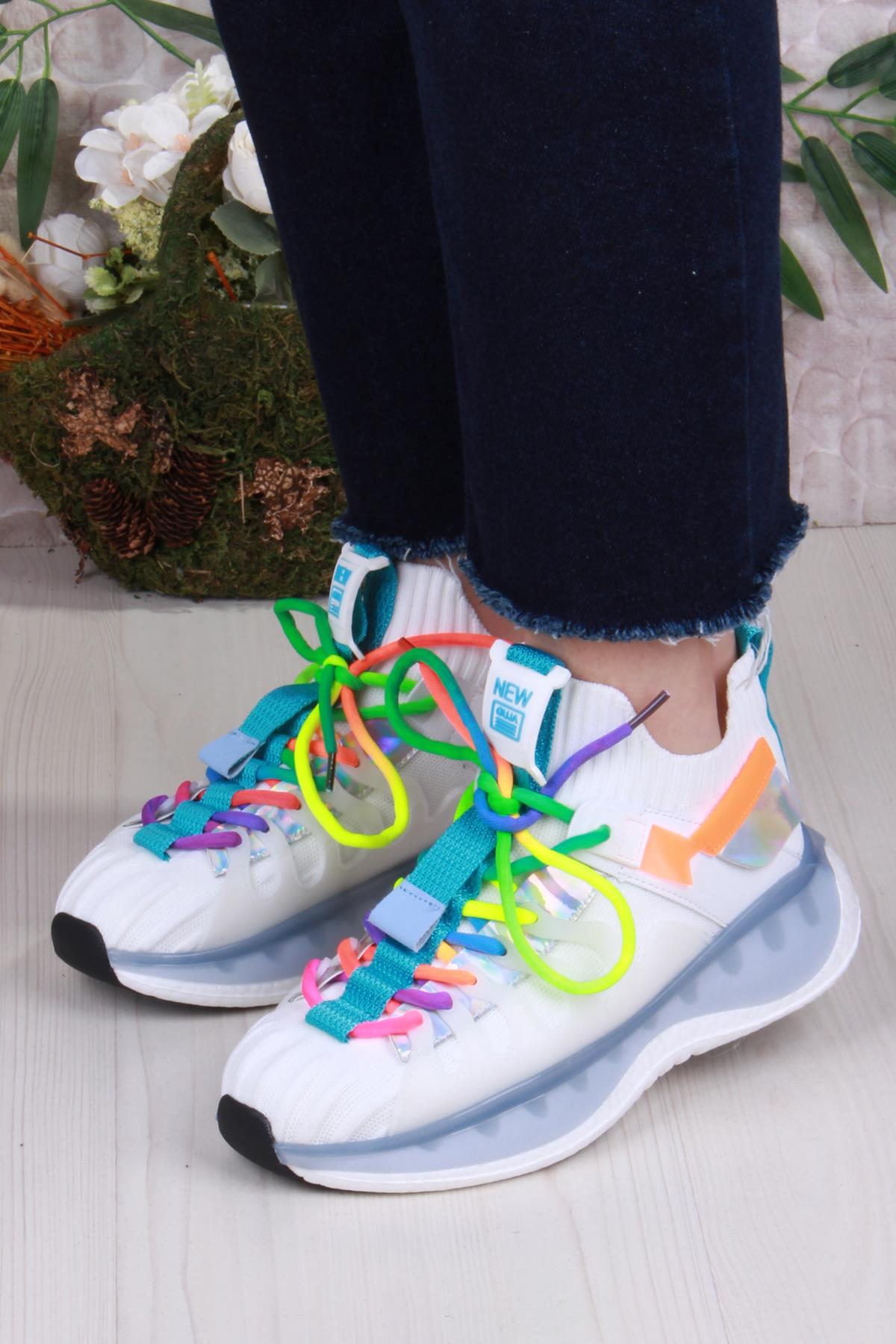 Karsu Rahat Esnek Özel Tasarım Renkli Bağcuklı Sneaker Kadın Ayakkabı - Görsel 3