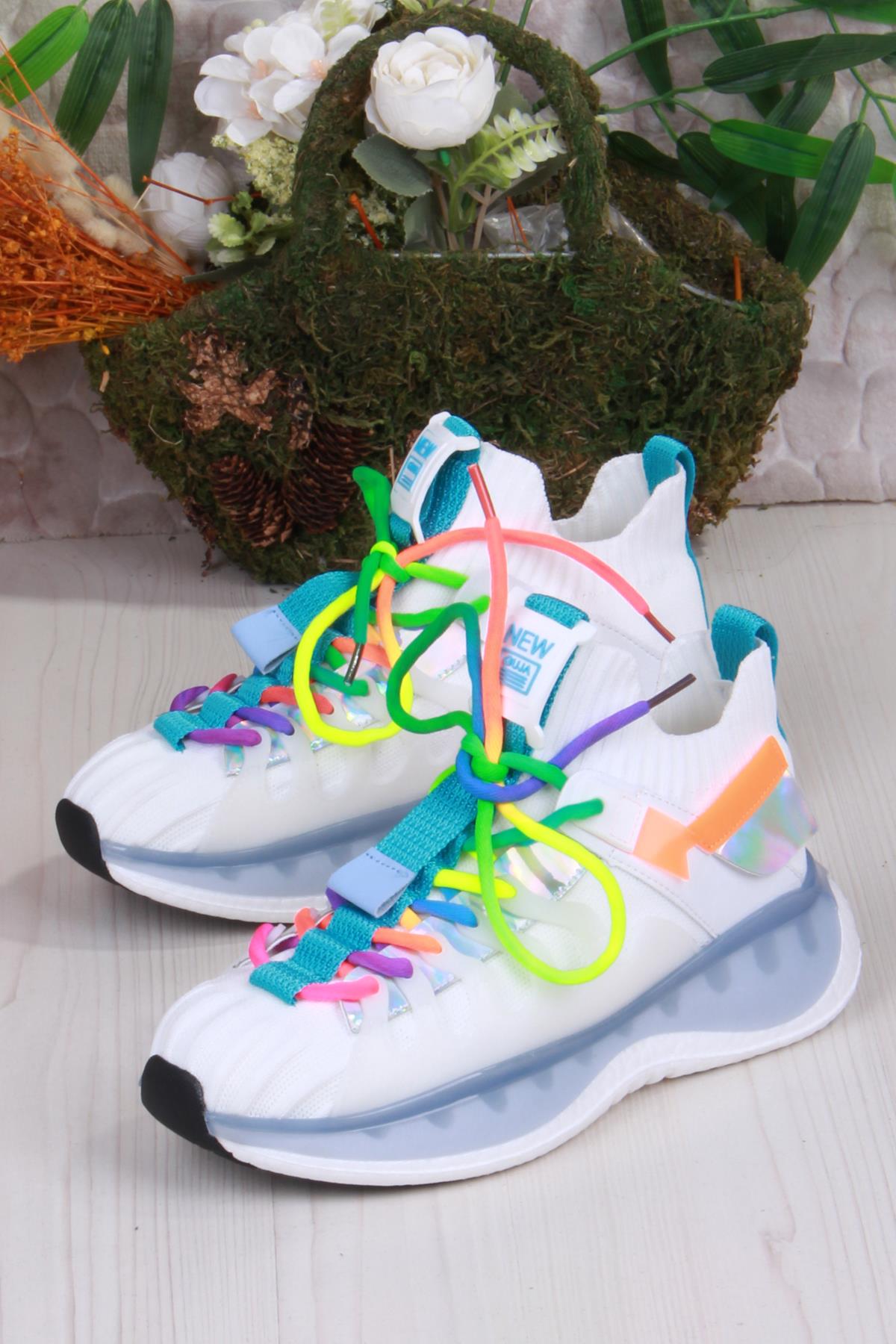 Karsu Rahat Esnek Özel Tasarım Renkli Bağcuklı Sneaker Kadın Ayakkabı - Görsel 5