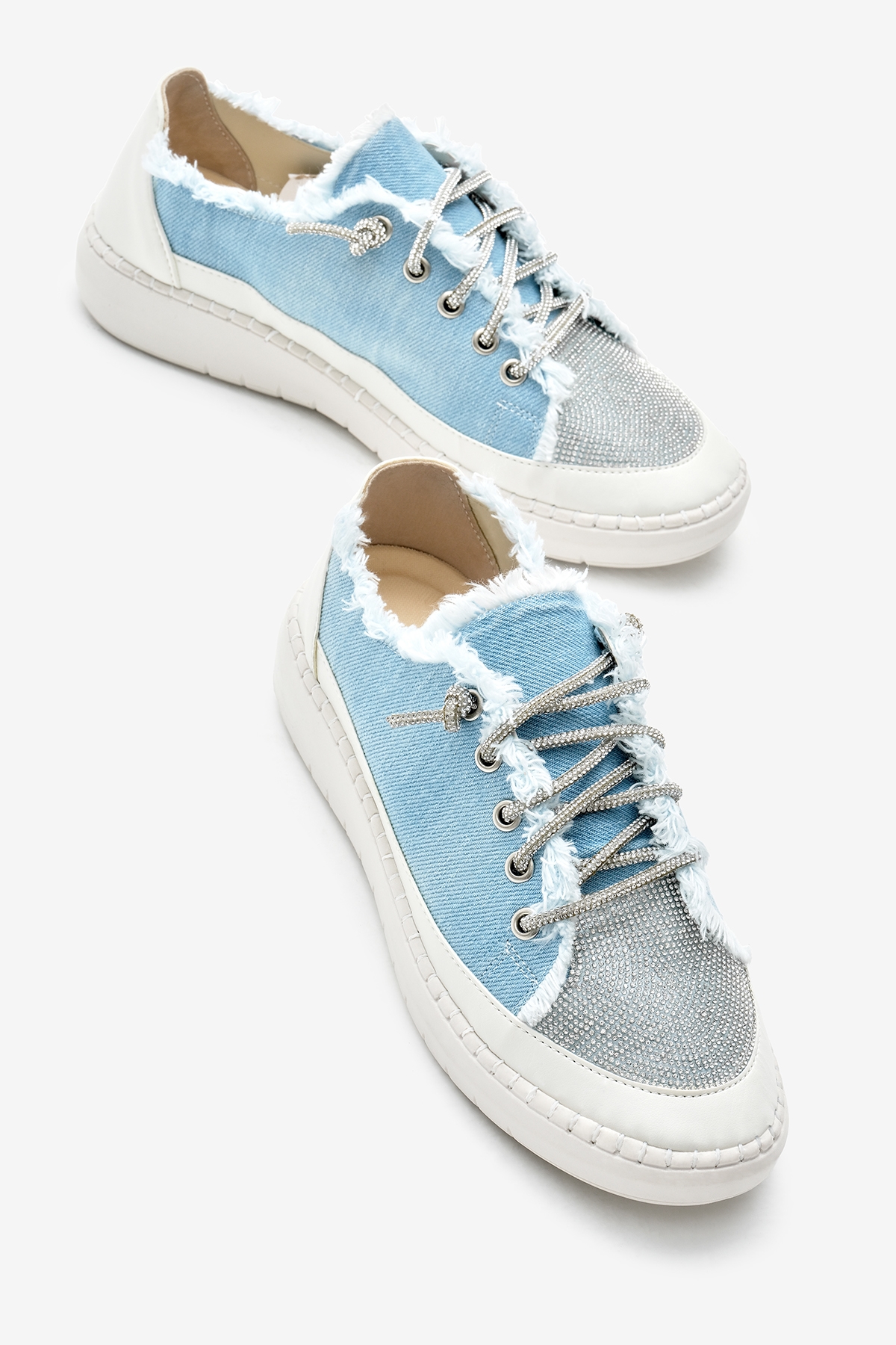 Tonny Black Kadın Bebe Mavisi Poli Taban Denim Kumaş Taşlı Bağcıklı Spor Ayakkabı - Görsel 4