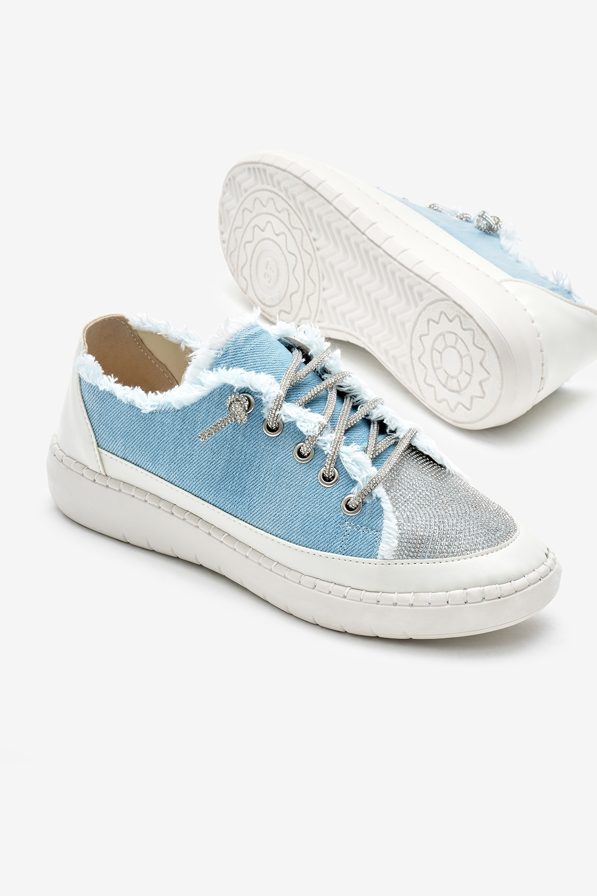 Tonny Black Kadın Bebe Mavisi Poli Taban Denim Kumaş Taşlı Bağcıklı Spor Ayakkabı - Görsel 5