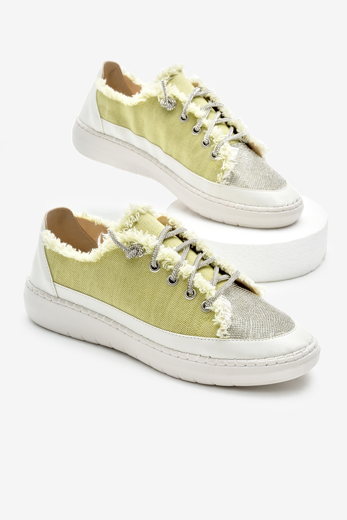 Kadın Yeşil Poli Taban Denim Kumaş Taşlı Bağcıklı Spor Ayakkabı - Görsel 3
