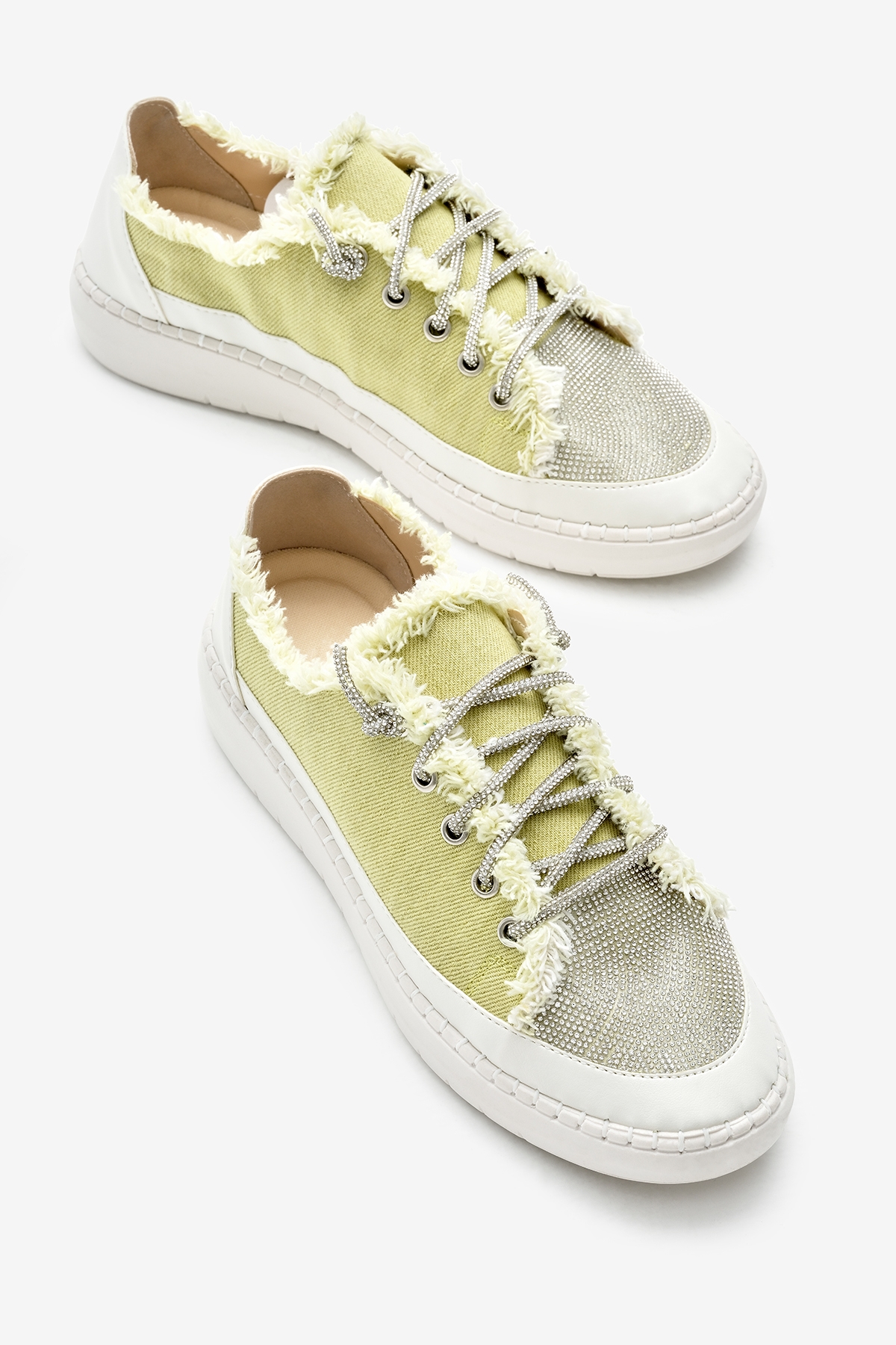 Kadın Yeşil Poli Taban Denim Kumaş Taşlı Bağcıklı Spor Ayakkabı - Görsel 4