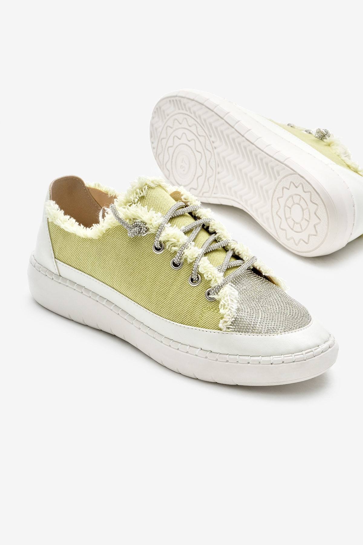 Kadın Yeşil Poli Taban Denim Kumaş Taşlı Bağcıklı Spor Ayakkabı - Görsel 5