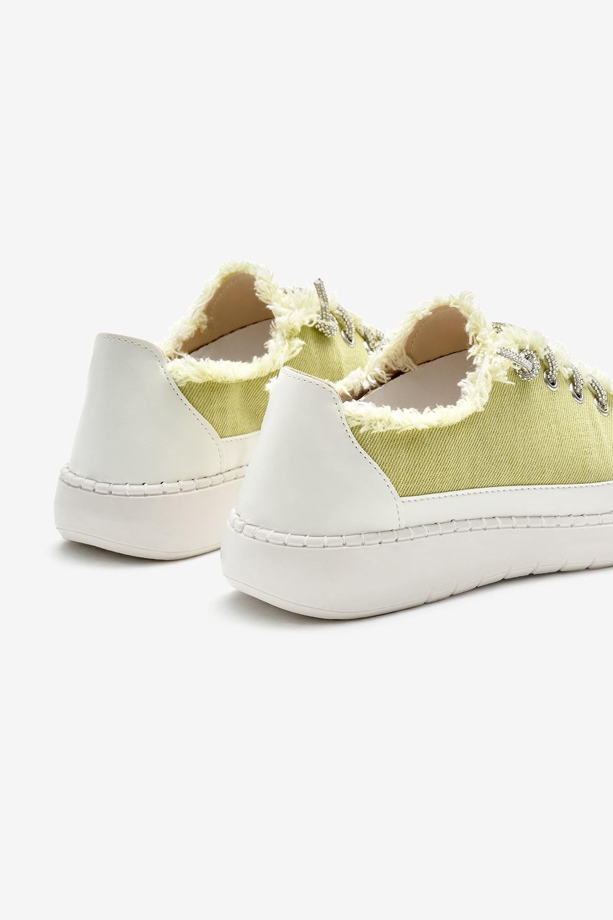 Kadın Yeşil Poli Taban Denim Kumaş Taşlı Bağcıklı Spor Ayakkabı - Görsel 6