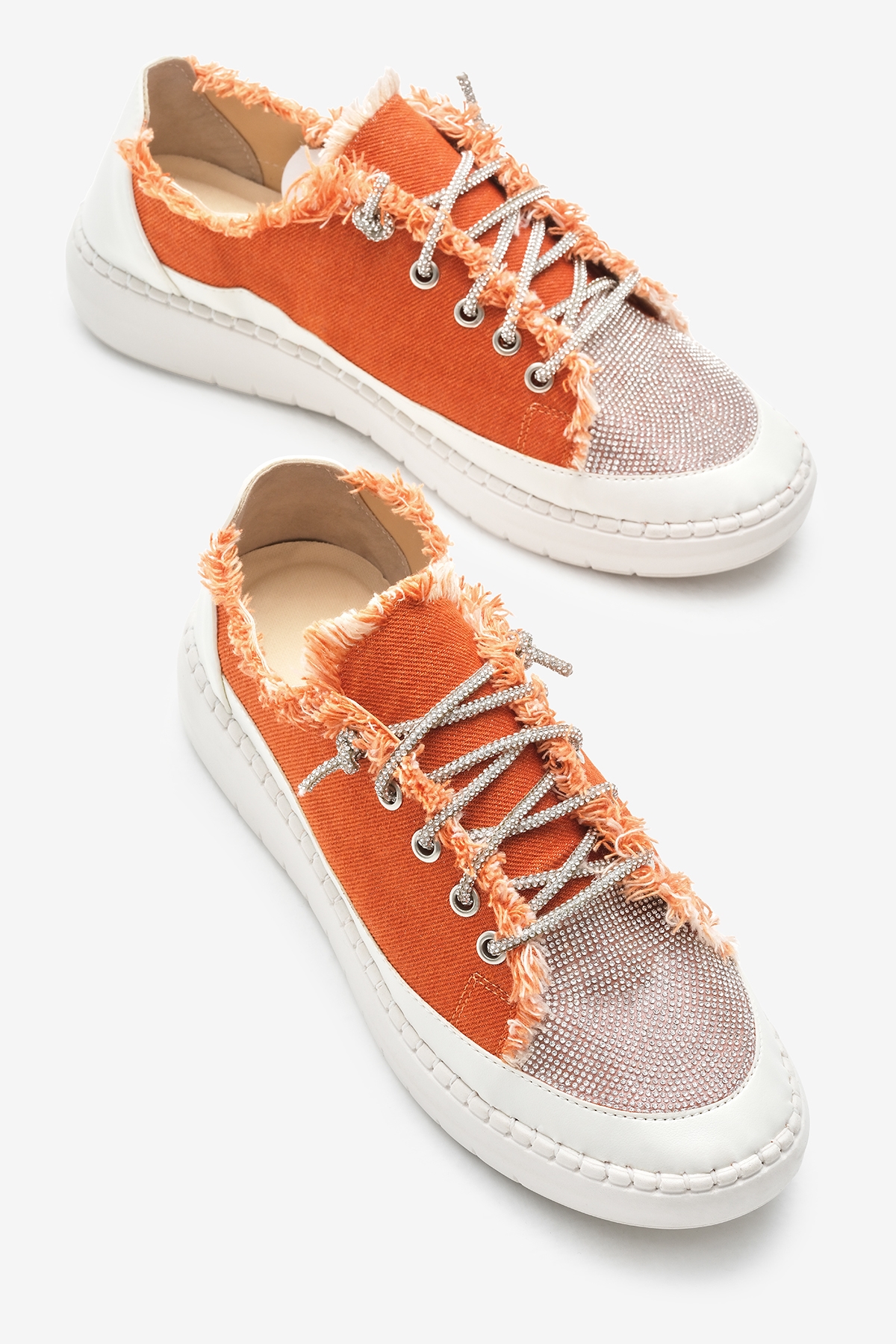 Kadın Oranj Poli Taban Denim Kumaş Taşlı Bağcıklı Spor Ayakkabı - Görsel 4
